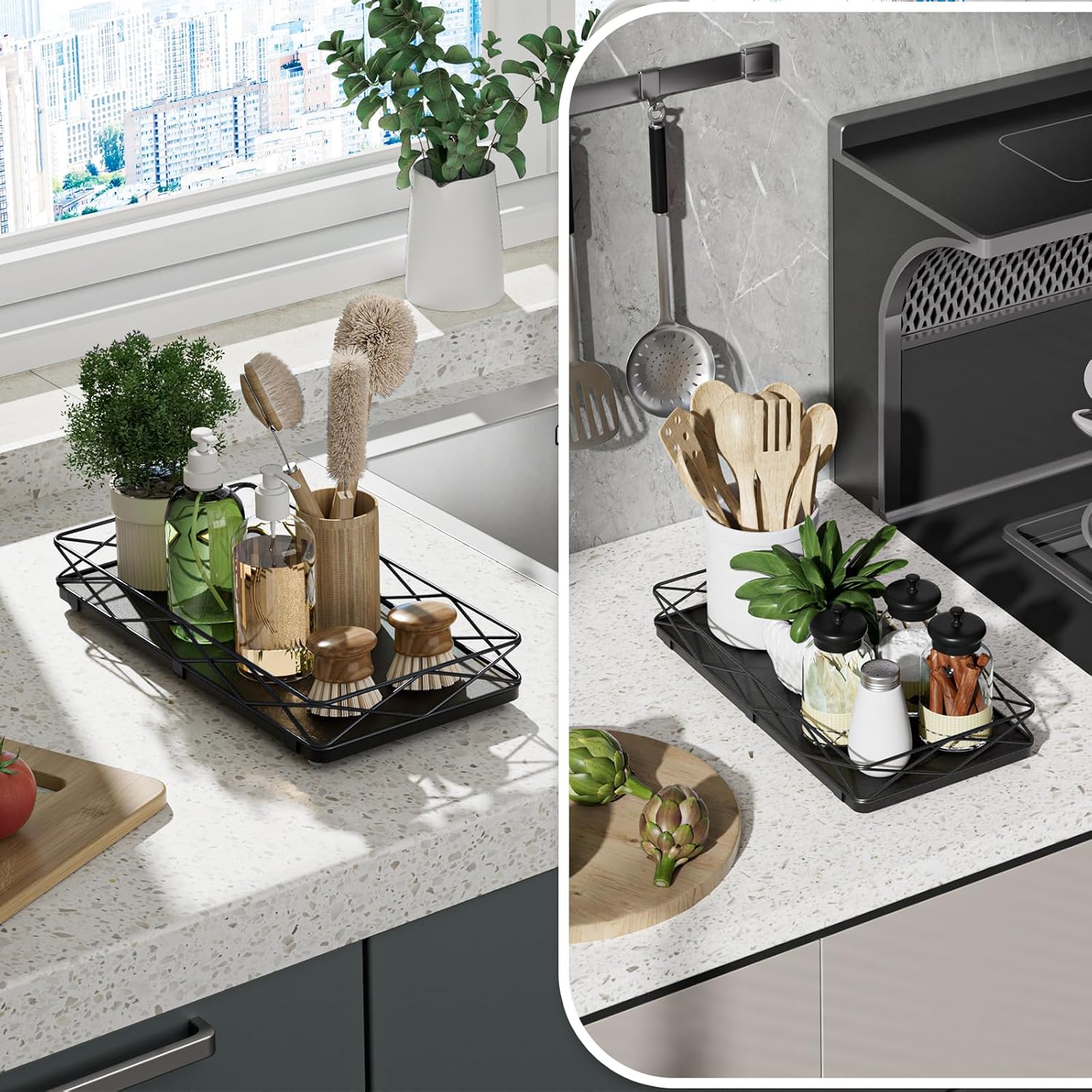 Toilet Paper Basket Holder, 13" Bathroom Tray Countertop, Wood and Metal Toilet Tank Tray Bathroom Vanity Organizer for Toiletry, Kitchen Sink Organizer for Soap Dispenser (Black) - Image 5