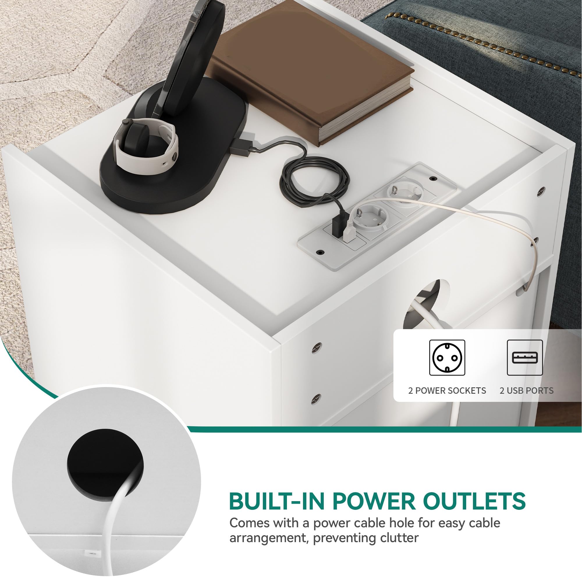 YITAHOME Side Table, Bedside Table with Cabinet, X-Shaped Coffee Table with Charging Station, 2 USB Ports and Sockets, Bedside Table for Living Room