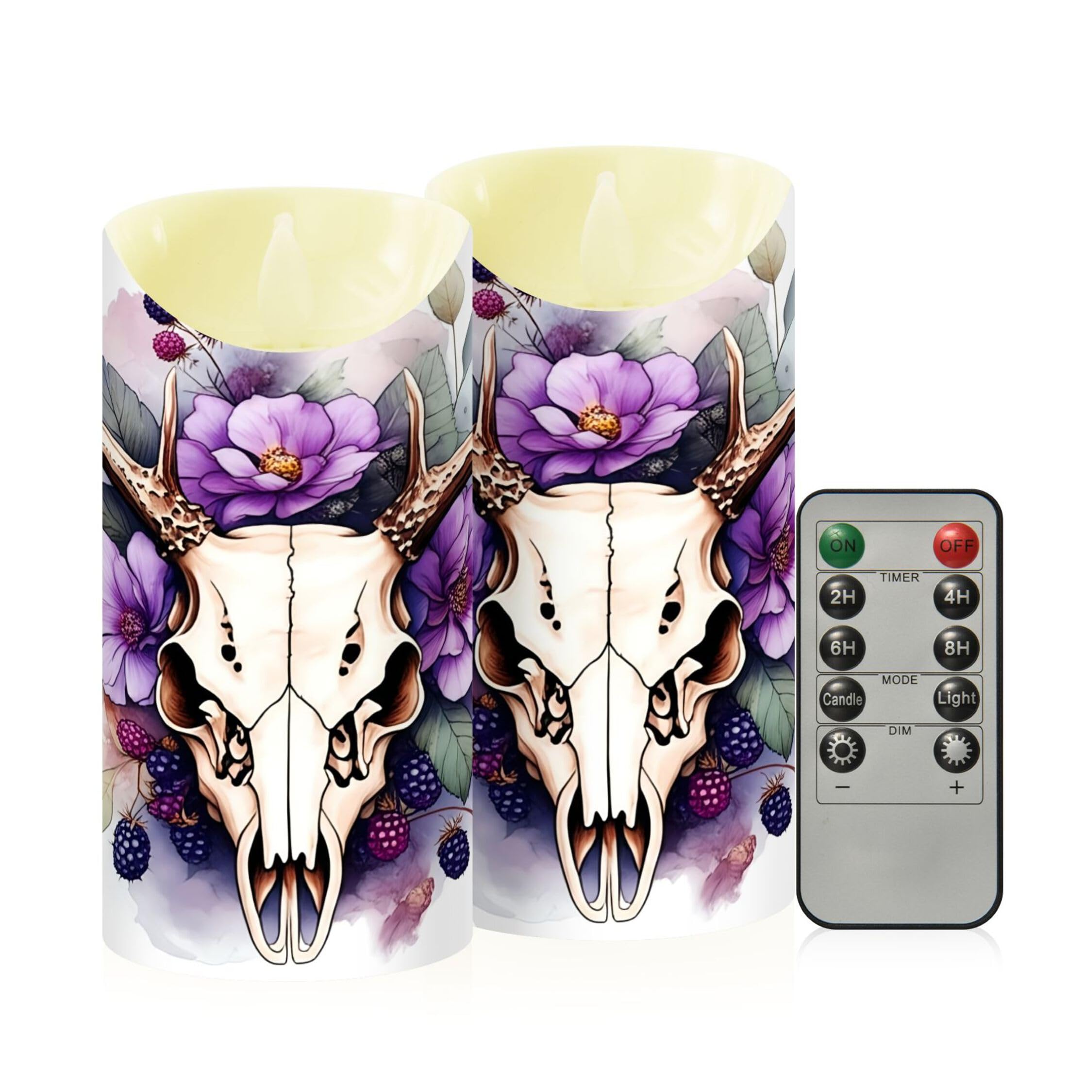 Kutsu Reindeer Skull Flameless Candles Set of 2, Battery Operated LED Flickering Candles with Remote and Timer, Plastic Pillar Candles for Home Wedding Decor