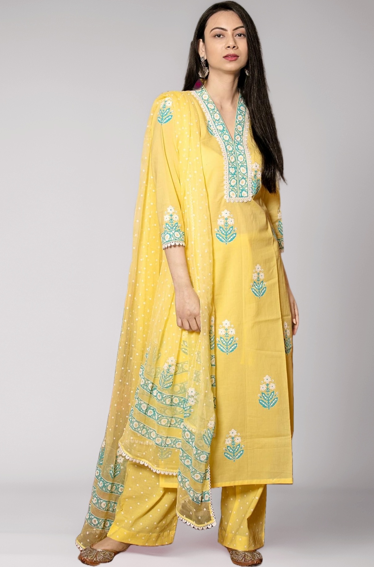 GoSriKi Women's Cotton Blend Straight Hand Block Printed Kurta with Pant & Dupatta