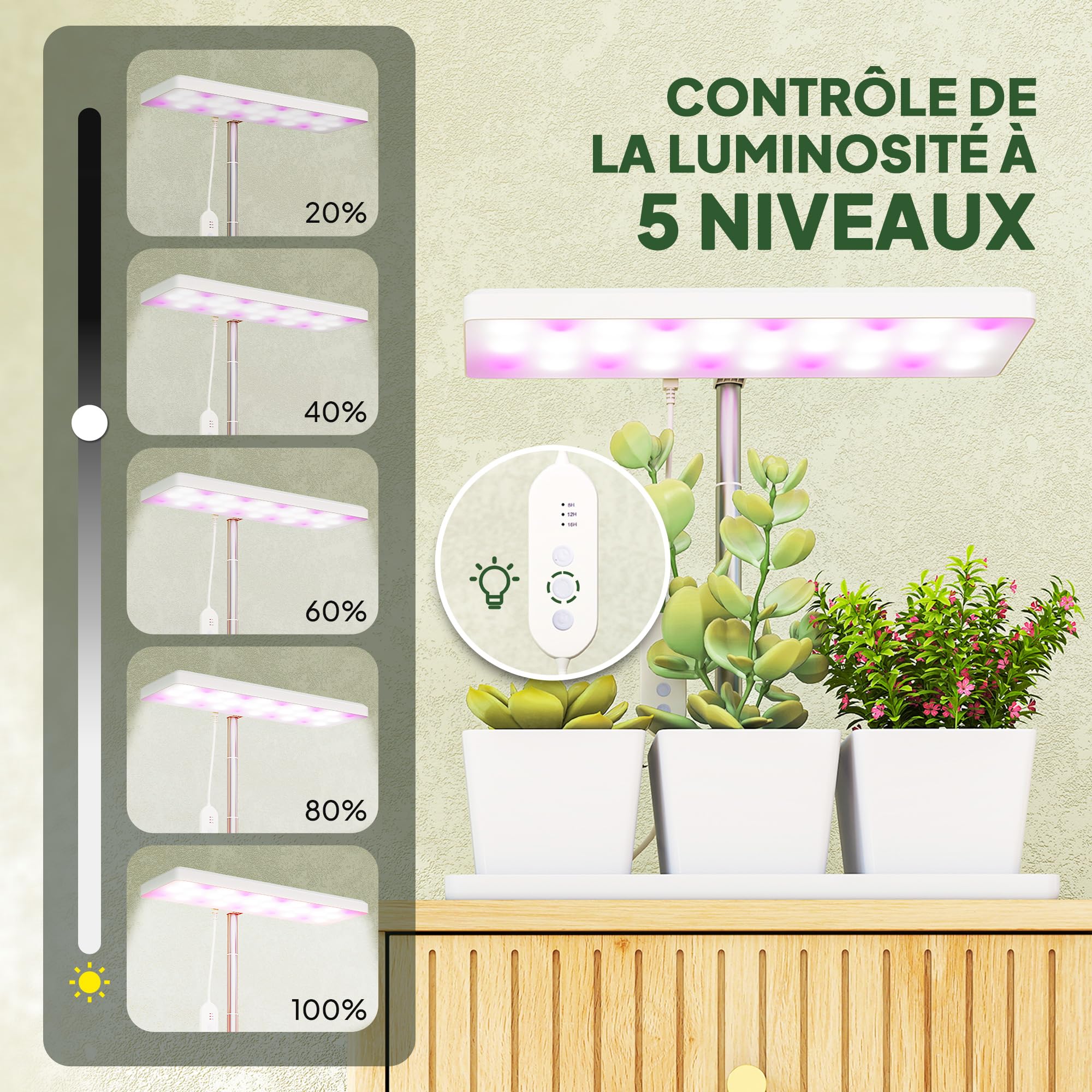 Outsunny Lampe de croissance 10W lampe plante de culture LED à spectre complet avec 3 bacs à fleurs, minuterie marche/arrêt automatique 8/12/16/24 H, 5 niveaux de luminosité, hauteur réglable, blanc