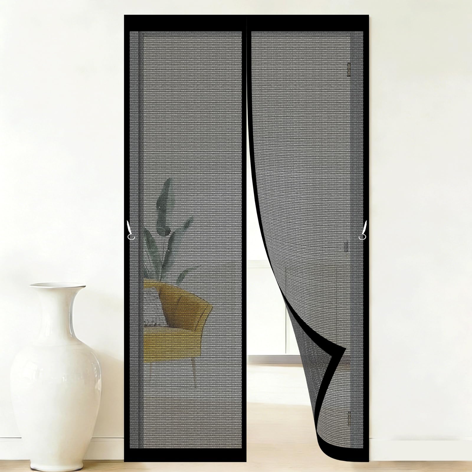Fly Screens for Doors 60 x 240 cm Self-Sealing Mesh Powerful Magnets and Adhesive Strips, Hands-Free Closing Magnetic Fly Screen Doors for Outdoor, Gym, Sun House Porch, Black
