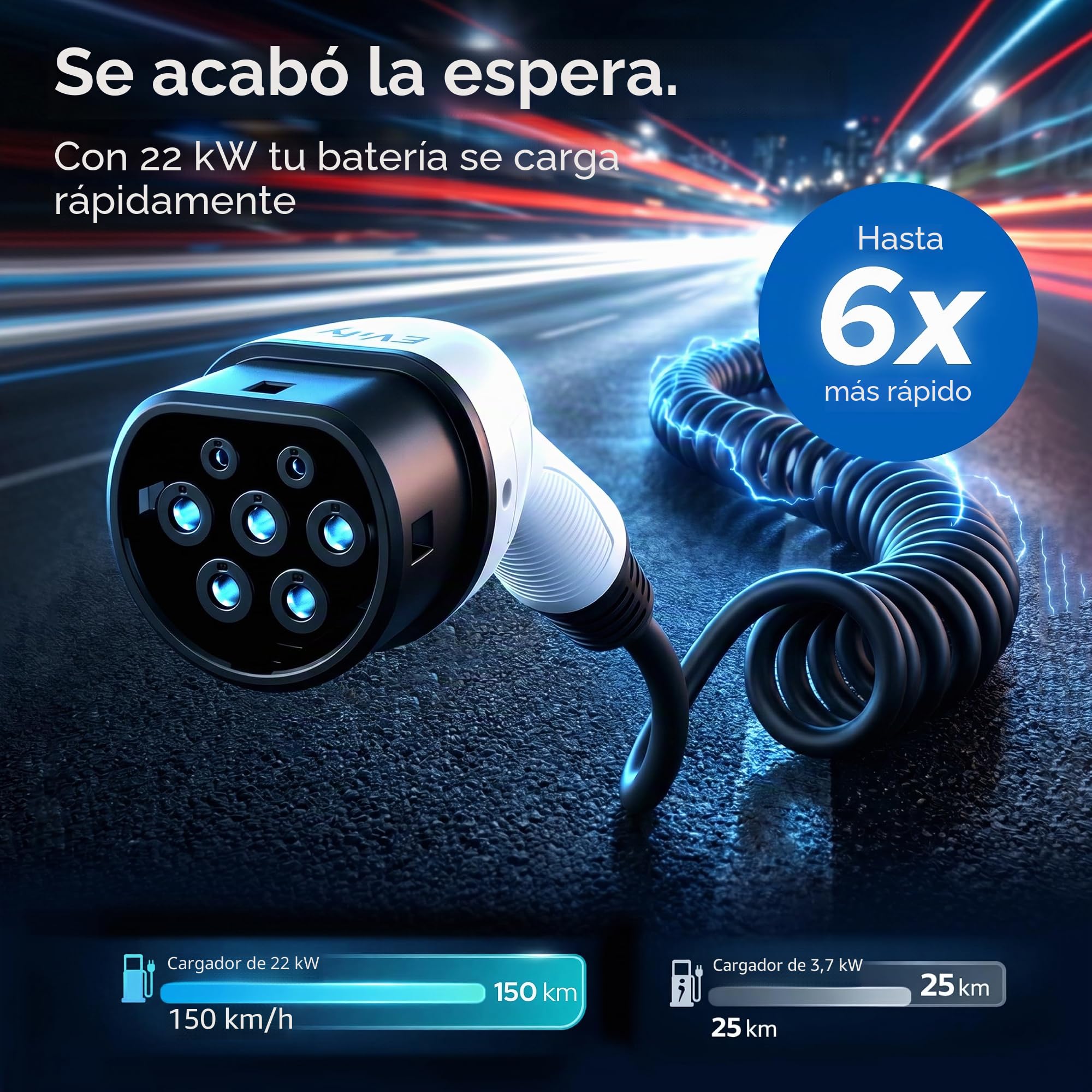 Cable de carga en espiral tipo 2, 22 kW, 7 m, 32 A, para coche eléctrico e híbrido, incluye bolsa de cables, cable en espiral de 3 fases para EV PHEV • Ahorro de espacio, adecuado para todos los