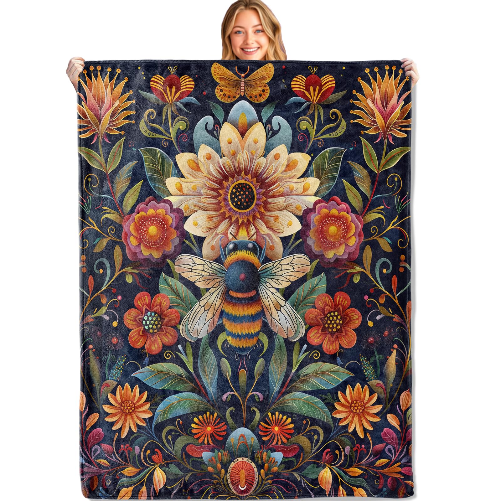 MIEPOS Bee & Floral Throw Blanket – Soft, Cozy, and Lightweight Decor Flannel Blanket Ideal for Couch, Office, and Travel – Fuzzy, Fluffy, Plush