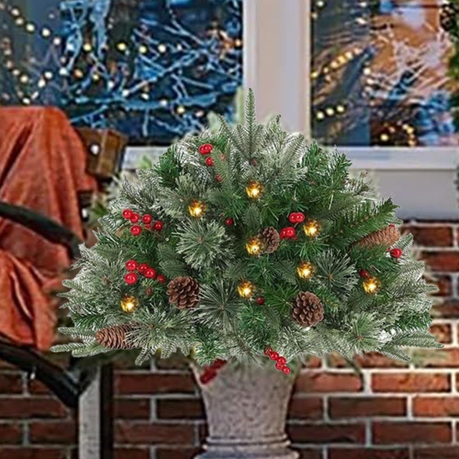 16 in Faux Christmas Tree Planter Filler with Lights | Holiday Planter Filler,Outdoor Light Up Planter Filler,Battery Operated Holiday Home Decor,Unusual Christmas Planter for Outdoor&Indoor