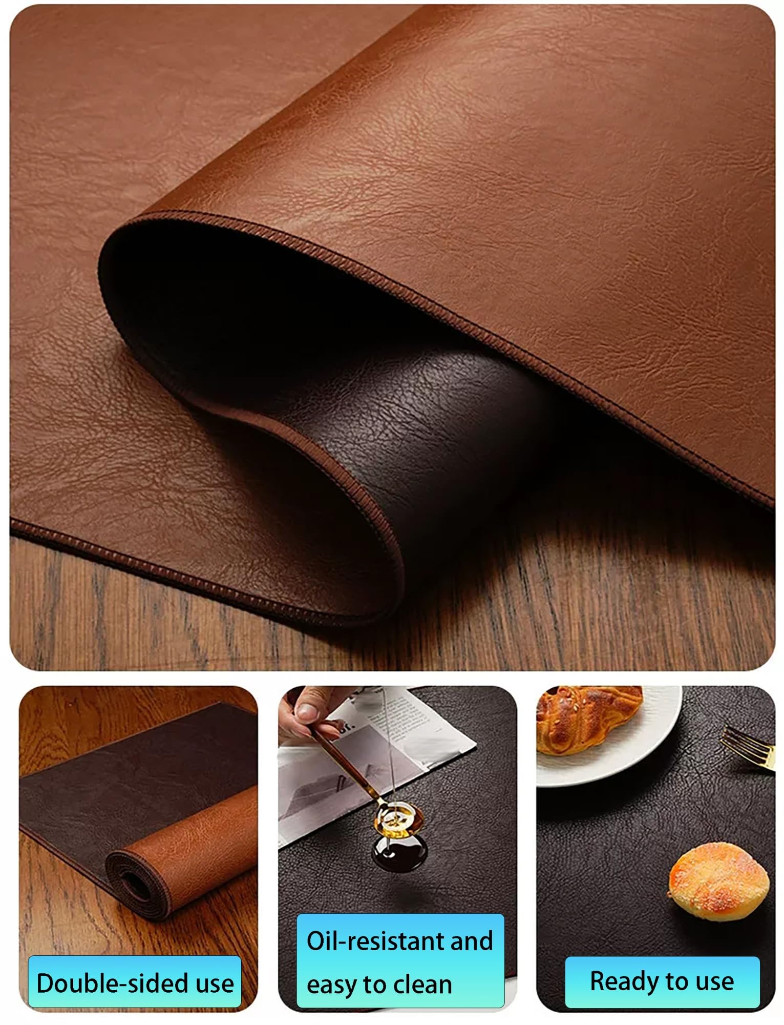 Nattes Table Similicuir, 2mm épais imperméables Anti-Chaleur, sous-Main | Sets de Table Vintage Antidérapants, Résistants à la Chaleur pour Salle à Manger & Café(Light brown,27.6x47.2in/70x120cm)