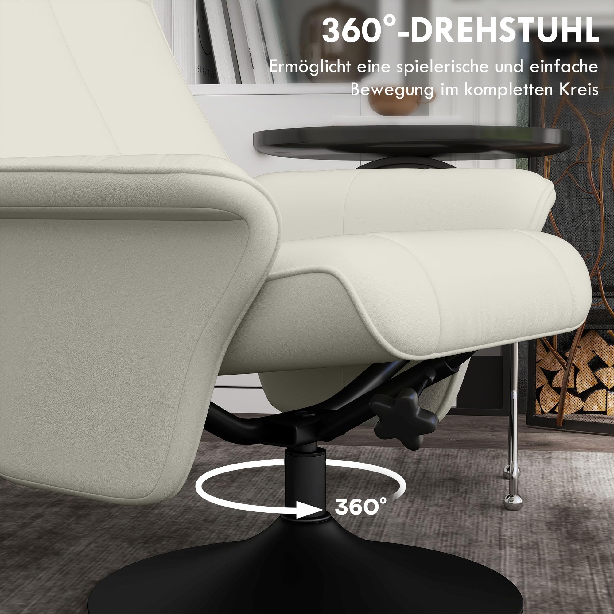 HOMCOM Fotel relaksacyjny z taboretem, obracany o 360° fotel telewizyjny z funkcją leżenia, tapicerowany fotel TV o wyglądzie mikrofibry, do salonu, kremowo-biały