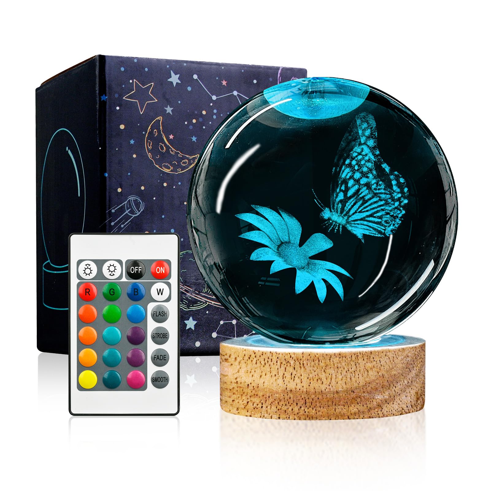 YYLZEPHB 3D Crystal Ball Night Light with Wooden Base, 3.15" Butterfly & Flower Figurine Glass Lamp with 16 Colors Cute Desk Decor for Bedroom Gifts