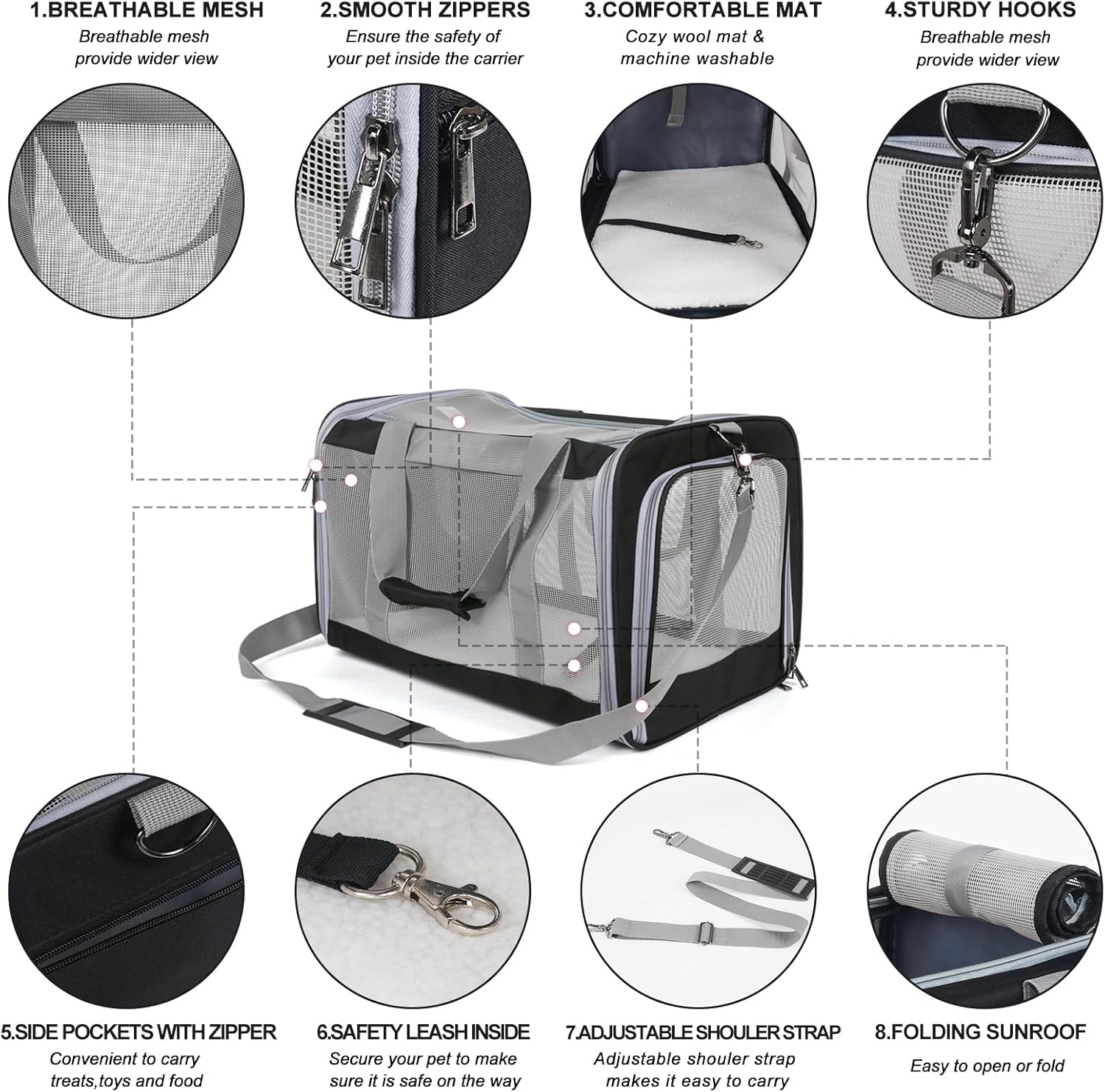 Pet Carrier for Large Cats of 25 Lbs,Collapsible Carrier Bag for Big Cat or 2 Kittens,Soft Sided Puppy Carrier with Sturdy Travel Transport Strap, Adequate Ventilation, 4 Mesh Windows (Black)