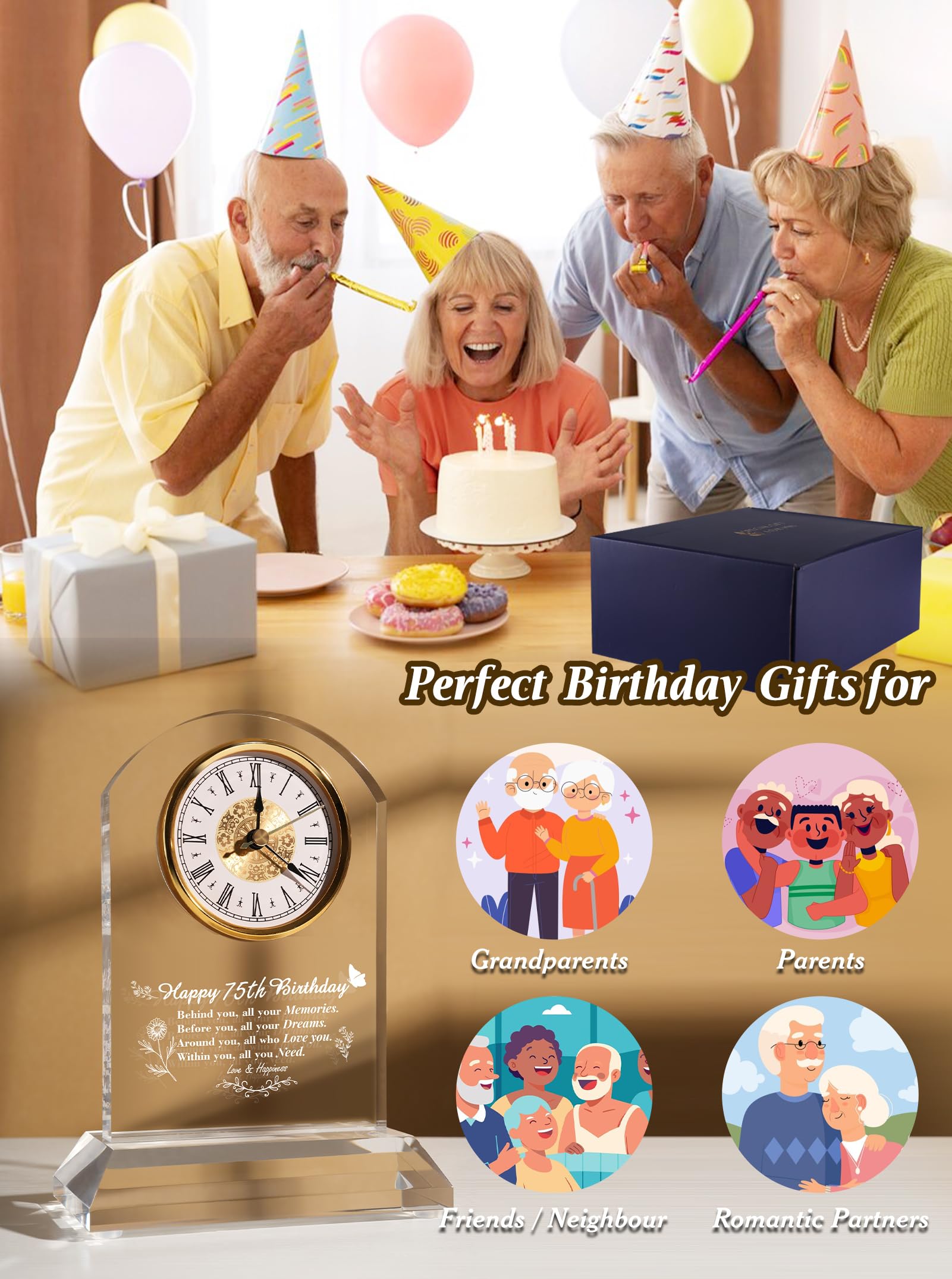 DEEWISH Reloj de escritorio de cuarzo para regalo de 75 cumpleaños, elegante decoración para el hogar, para padres, abuelos, amigos, mamá, papá, decoración de cumpleaños de 75 años para mujeres y