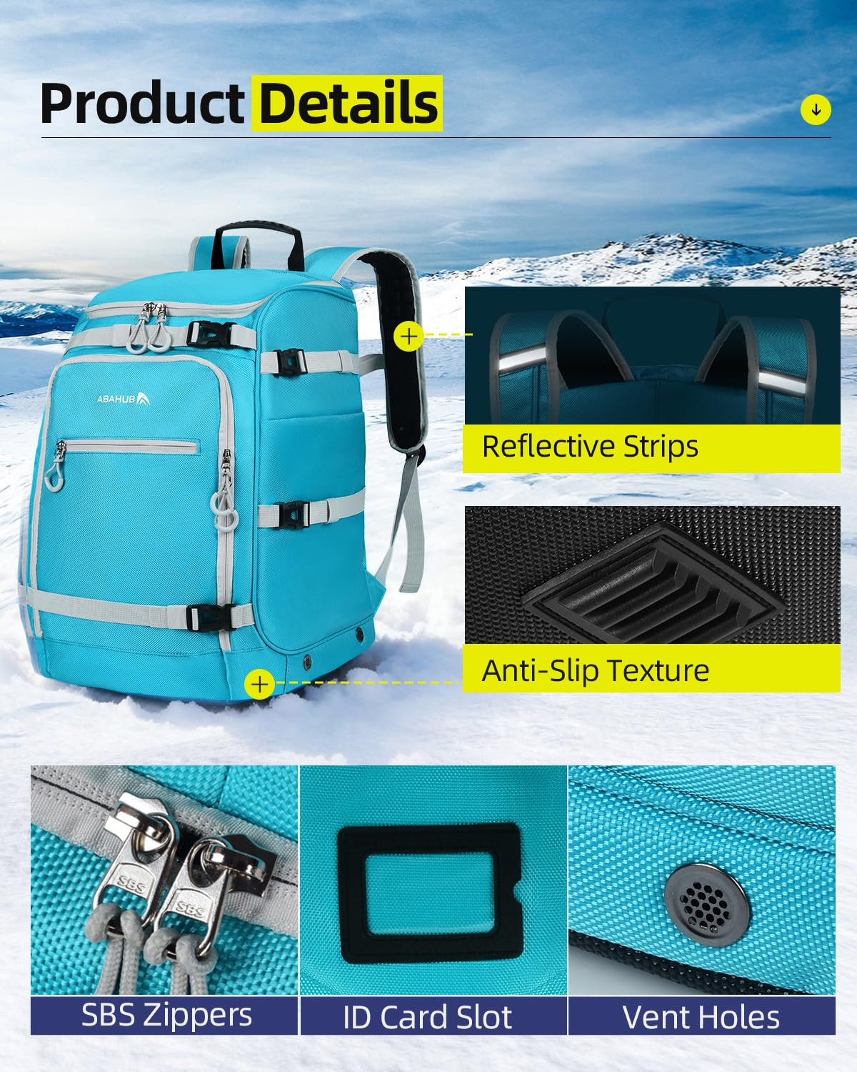 Abahub Torba na buty narciarskie, 50 l, 1680D, nylonowy, wodoodporny, wyściełany plecak na narty, snowboard, kask narciarski i akcesoria, jasnoniebieski