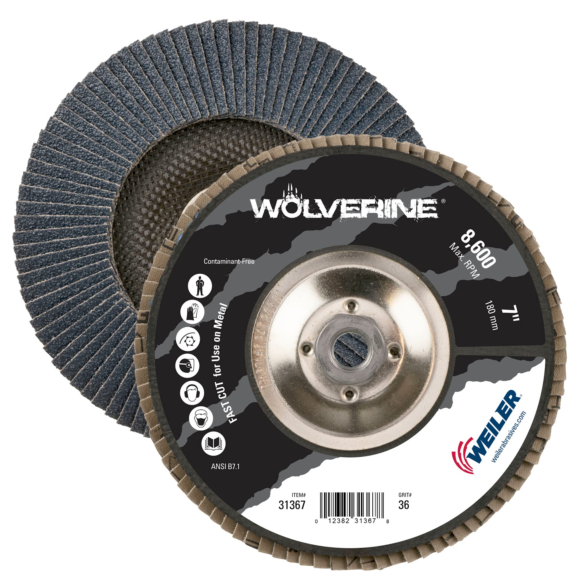 Weiler 31367 Wolverine 5/8"-11 Arbor, 7" Diámetro, Grano 36, Circonio, Parte trasera fenólica, Disco abrasivo en ángulo