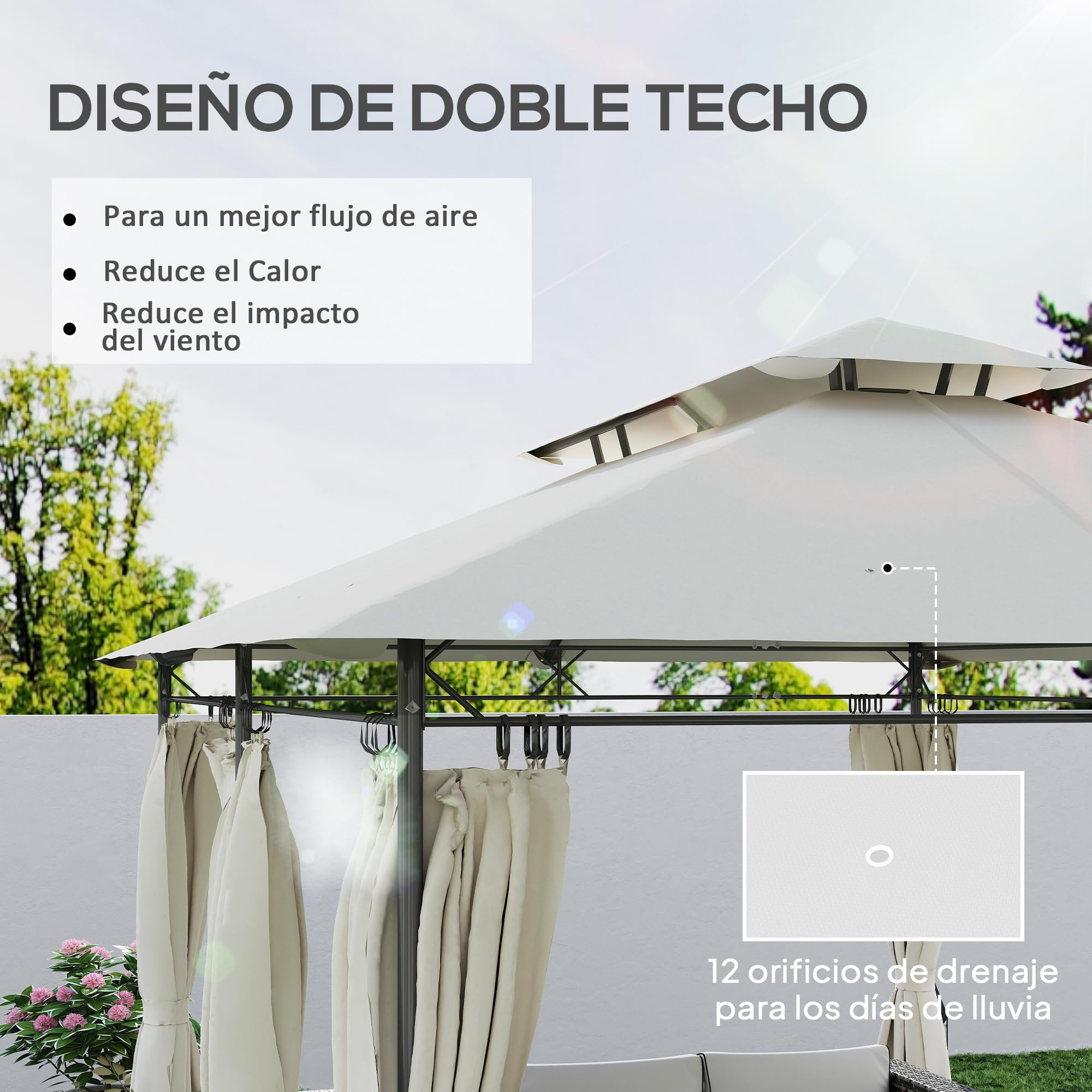 Outsunny Cenador de Jardín 4x3 m, Pabellón de Jardín Gazebo con Doble Techo, 6 Paredes Laterales, Estructura Metálica, Orificios de Drenaje, Carpa para Exterior, Terraza, Patio, Crema