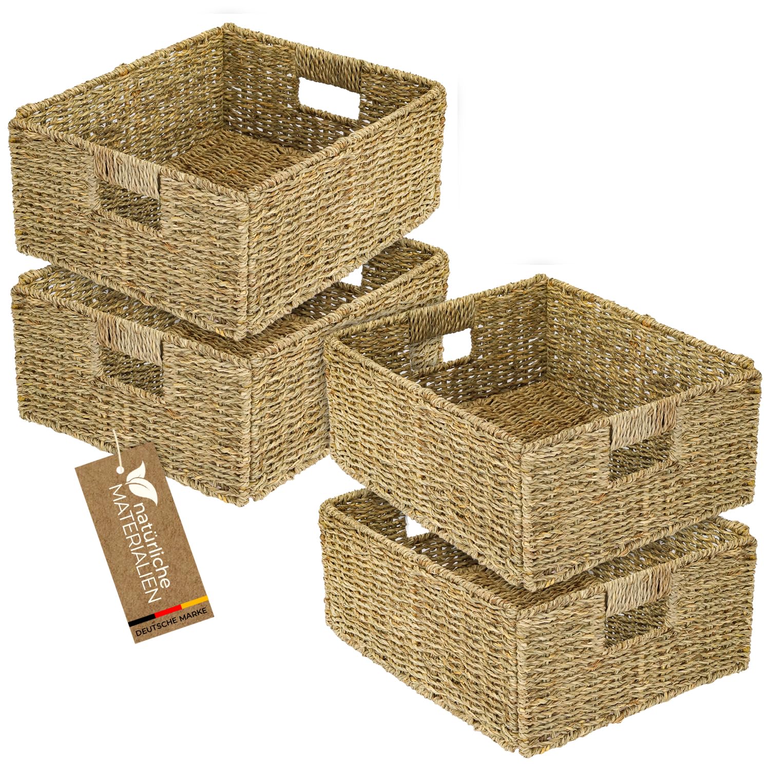 HMF Aufbewahrungskorb passend für KALLAX halbes Fach, Korb geflochten aus Seegras mit Griffen | 4er Set | 30 x 34 x 15 cm | Natur