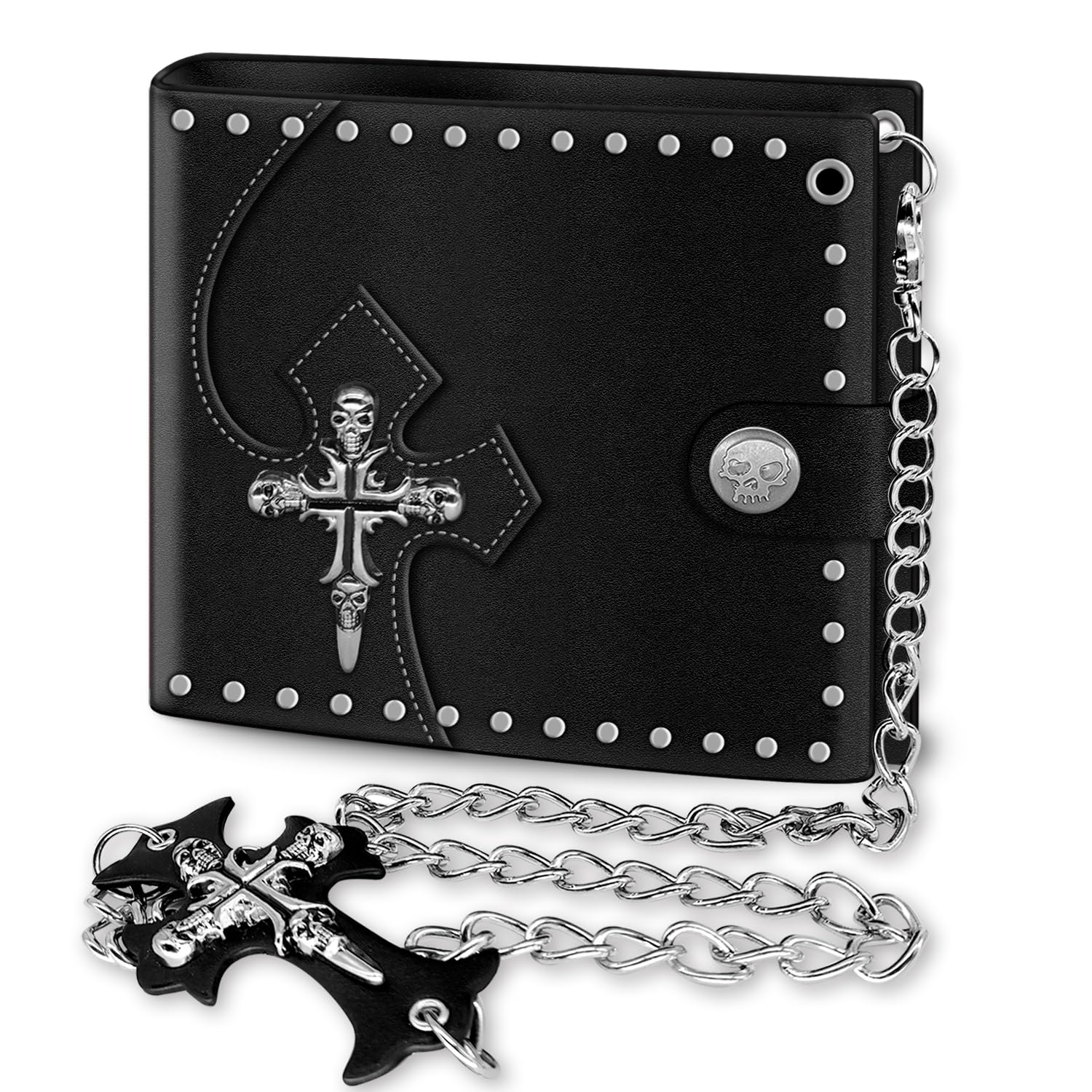 Girinme Cross Chain Wallet Leather - Punk Skull Gothic Bifold Halloween Goth Accessories - Jesus Gifts | Unisex