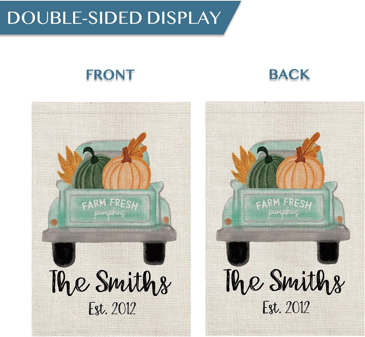 Smile Personalized Fall House Flag, Farm Fresh Pumpkins Customized Family Last Name and Year, Double Sided 28 x 40 Inch Rustic Farmhouse Burlap Yard Outdoor Decoration