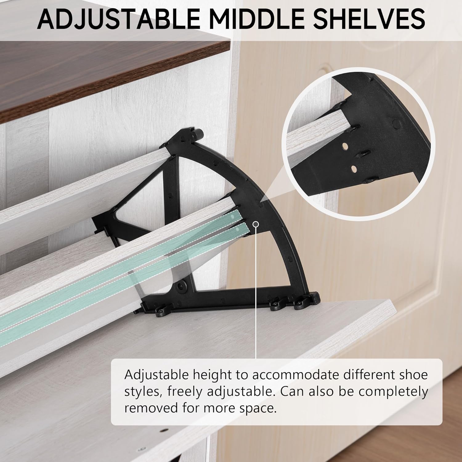 Narrow Shoes Storage Cabinet, Entryway Storage with 2 Flip Drawers, Farmhouse Shoe Organizer with Removable Shelves, Anti-Drop Top Fence, 40.4H x 31.4W (Warm White Grayish) - Image 5