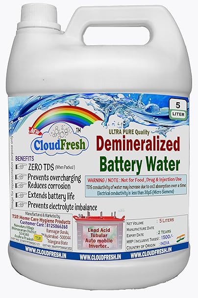 CloudFresh Ultra-Pure Demineralized Water for Batteries 5 Liters on Battery Water for Improved Performance and Longevity | for Optimal Electrolyte Maintenance