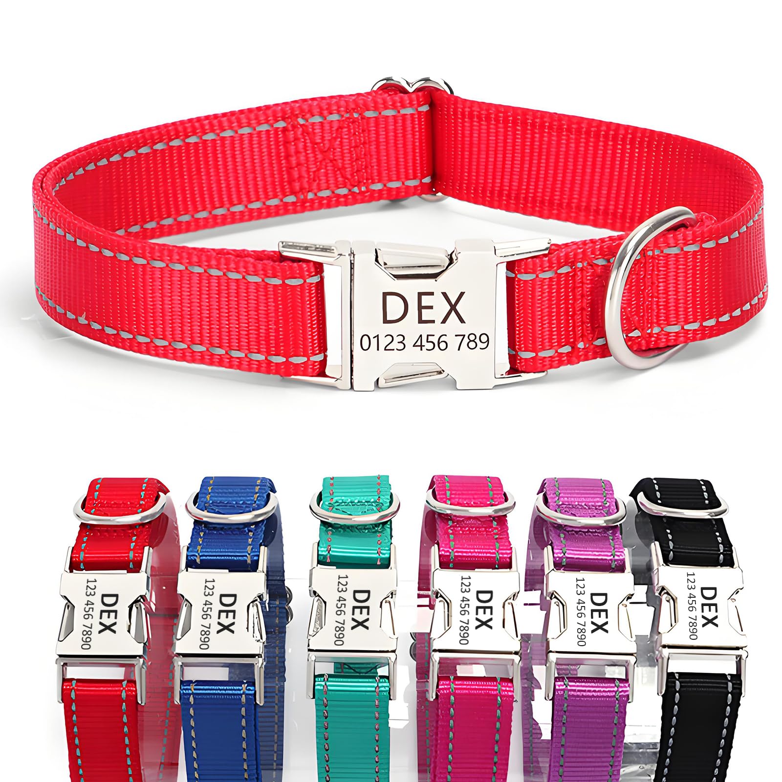 Personalized Reflective Nylon Dog Collar with Name Tag | Custom Engraved Buckle Dog Collars | Metal Buckle Adjustable XS S M L XL Pet Collar for Small Medium Large Dogs（Red）
