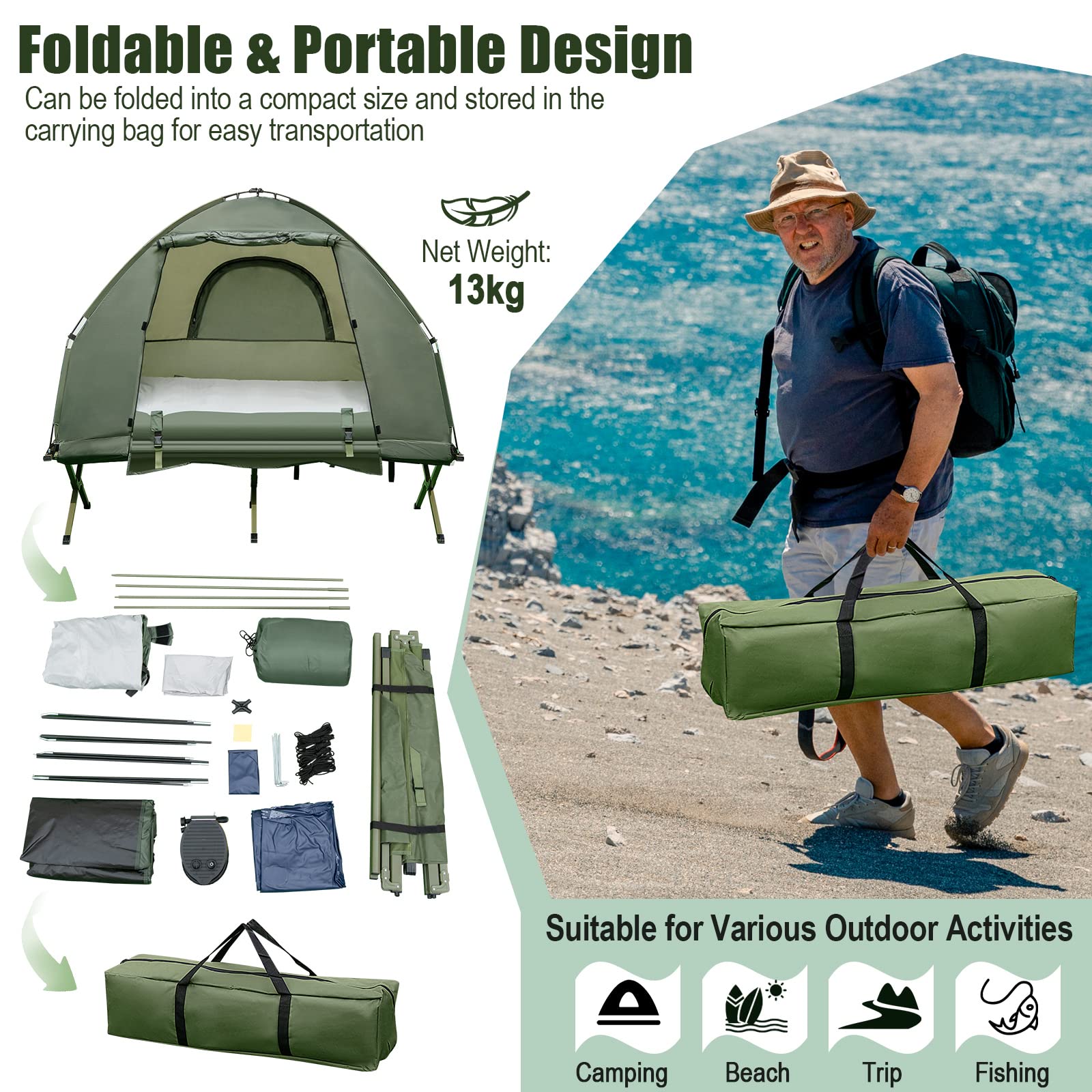SOARS Feldbett mit Zelt, Campingzelt wetterfest, Campingbett | Campingliege klappbar mit Luftmatratze, Schlafsäcken, Kissen & Rolltasche, Zeltbett für Camping, Picknick, Wandern & Angeln