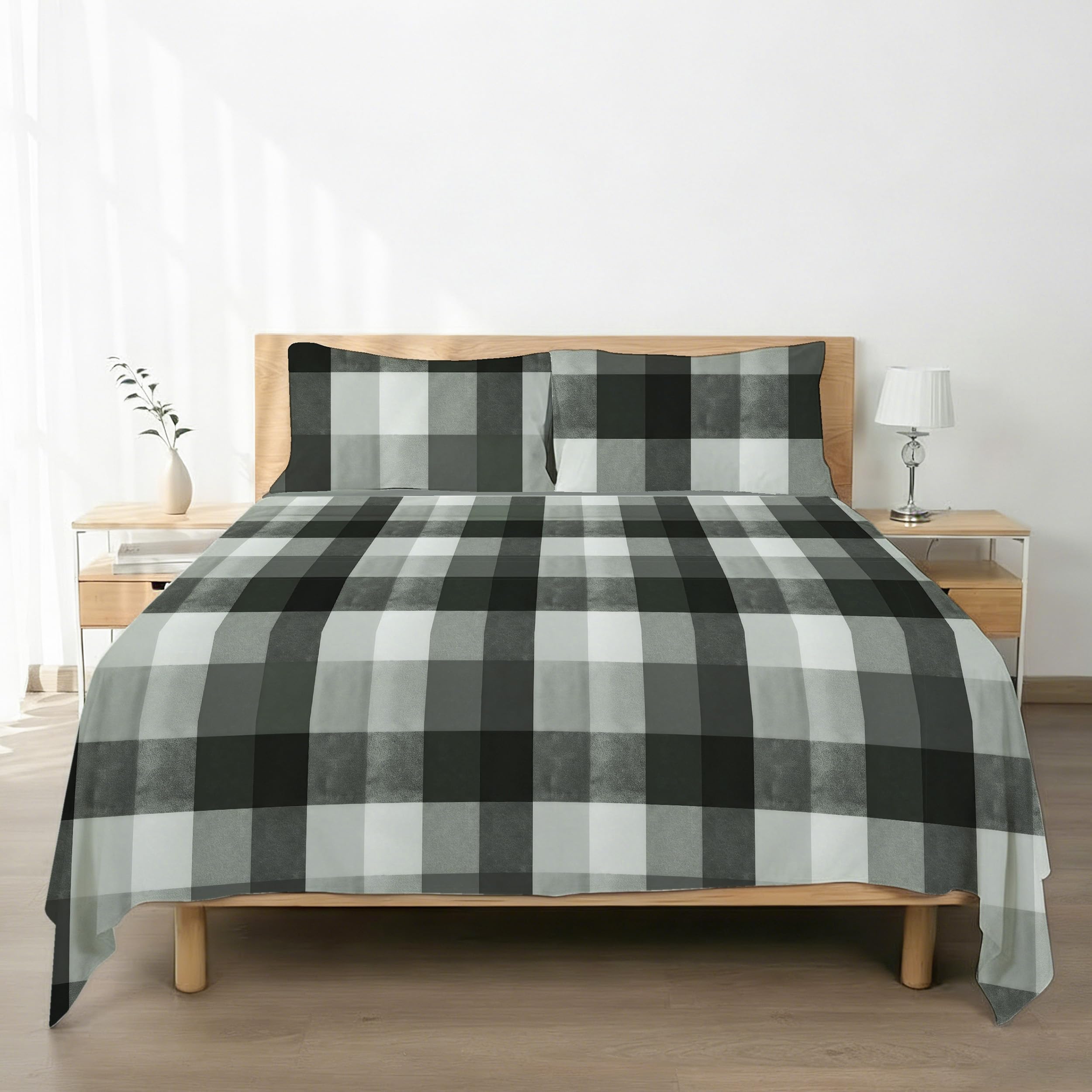 H HANSEL HOME Juego de Sábanas de Microfibra Cepillada, Sábana Bajera Ajustable Altura 30 cm, Encimera y Fundas de Almohada, para Cama 90cm, 3 Piezas 90x190/200cm - Blanco y Negro