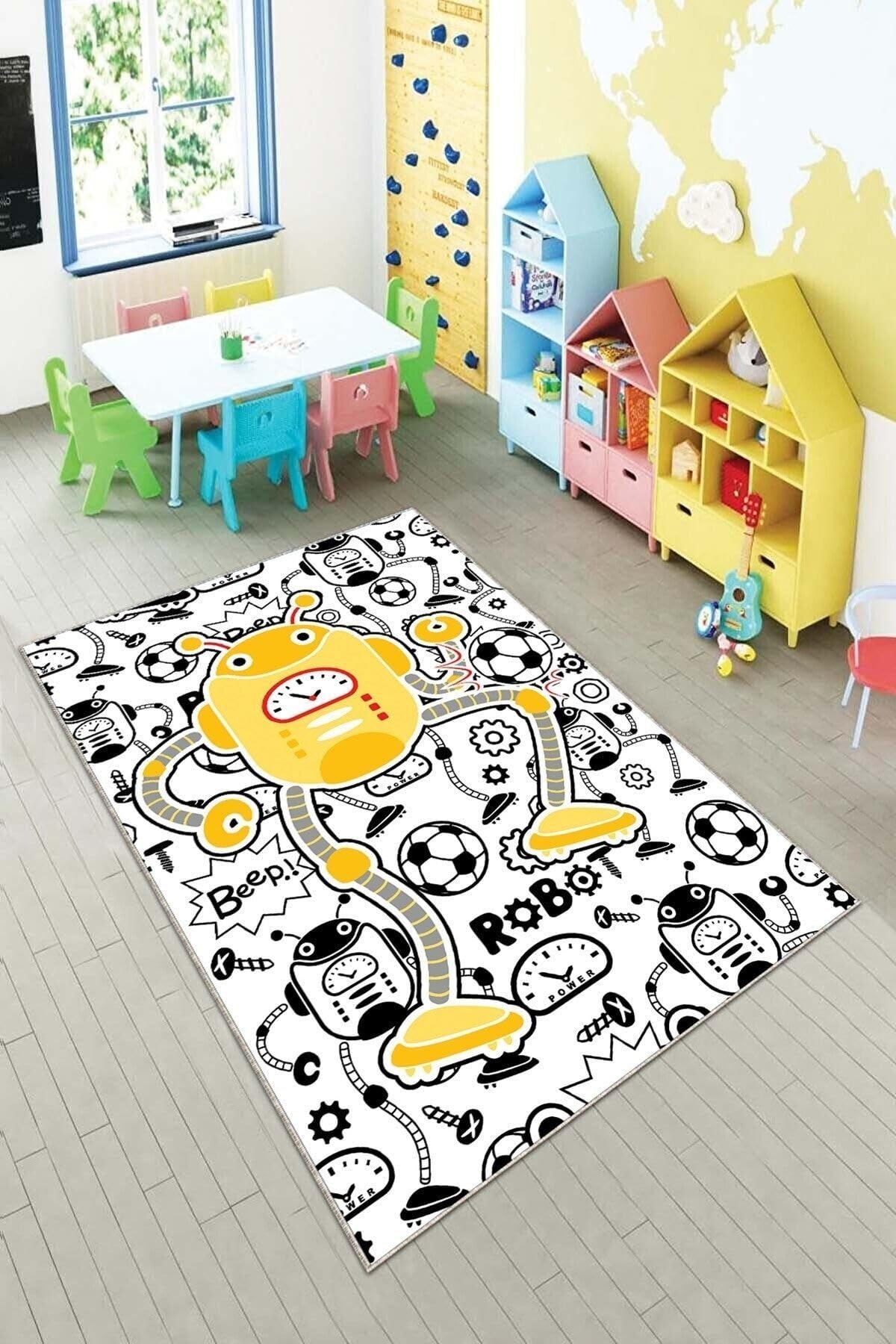 Pelangi Beyaz Robot Desenli Çocuk Yıkanabilir Kaymaz Taban Leke Tutmaz Bebek Ve Çocuk Odası Halısı, Siyah-Beyaz 60 x 120