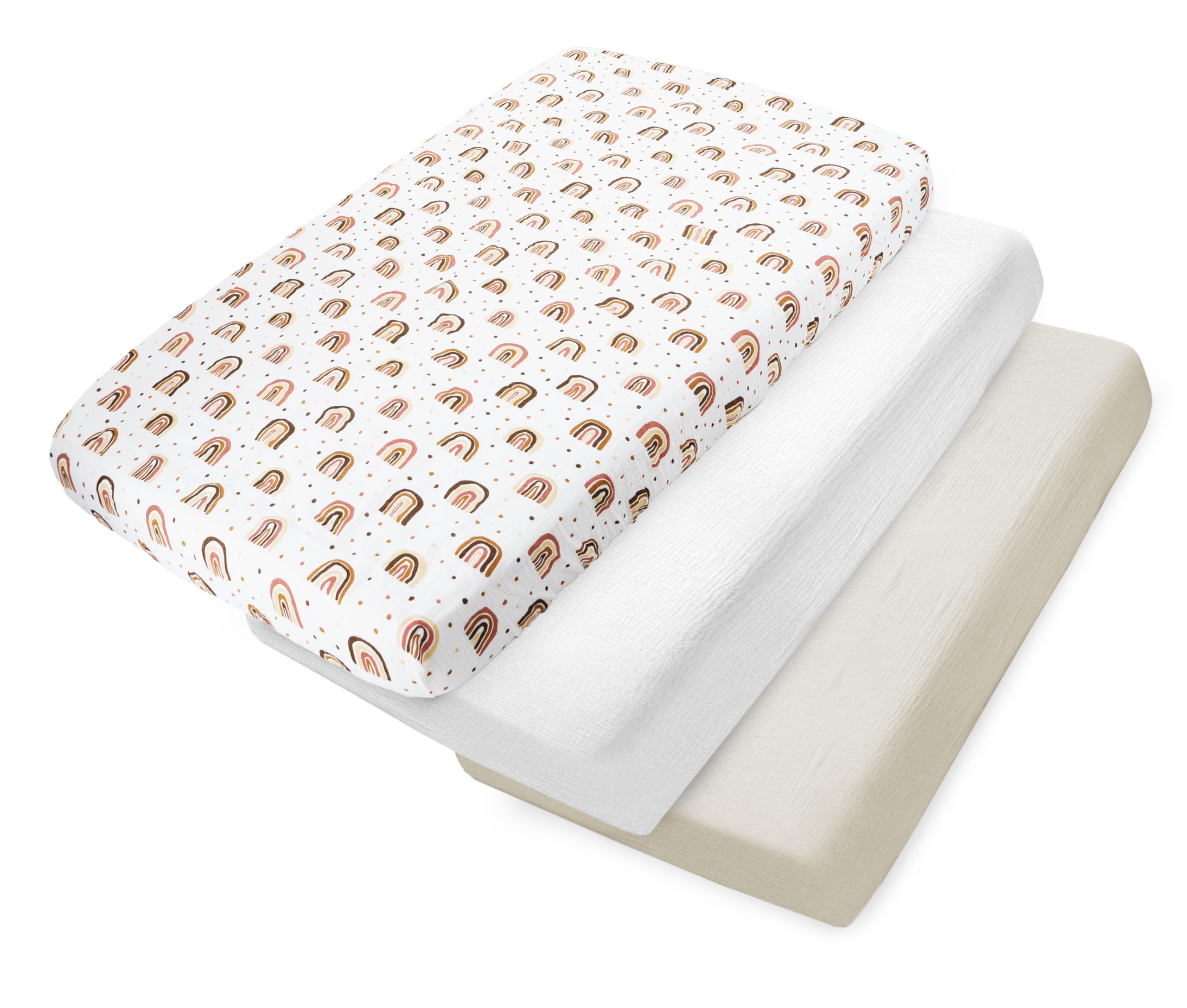 Medi Partners Fitted Sheet Muslin 60 x 120 cm 3-Pack Baby Bed Sheet Cot Fitted Sheet 100% Cotton - Muslin Sheet Bed Linen Baby Mattress Sleeping Bag Baby Bed (Rainbow White/Grey)