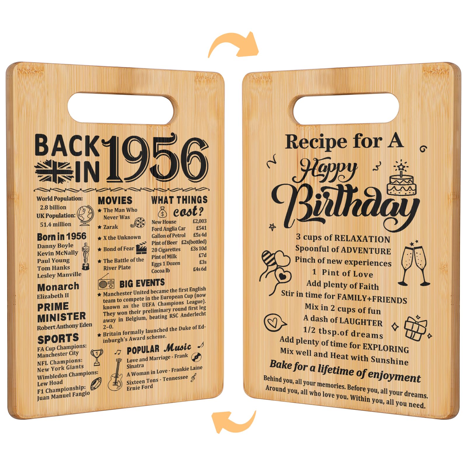 70th Birthday Gifts for Women Men,Back in 1956&Recipe for A Happy Birthday Double Sided Cutting Board Present for Her Him,70th Bday Gift Ideas,Cool Presents for 70 Year Old Woman