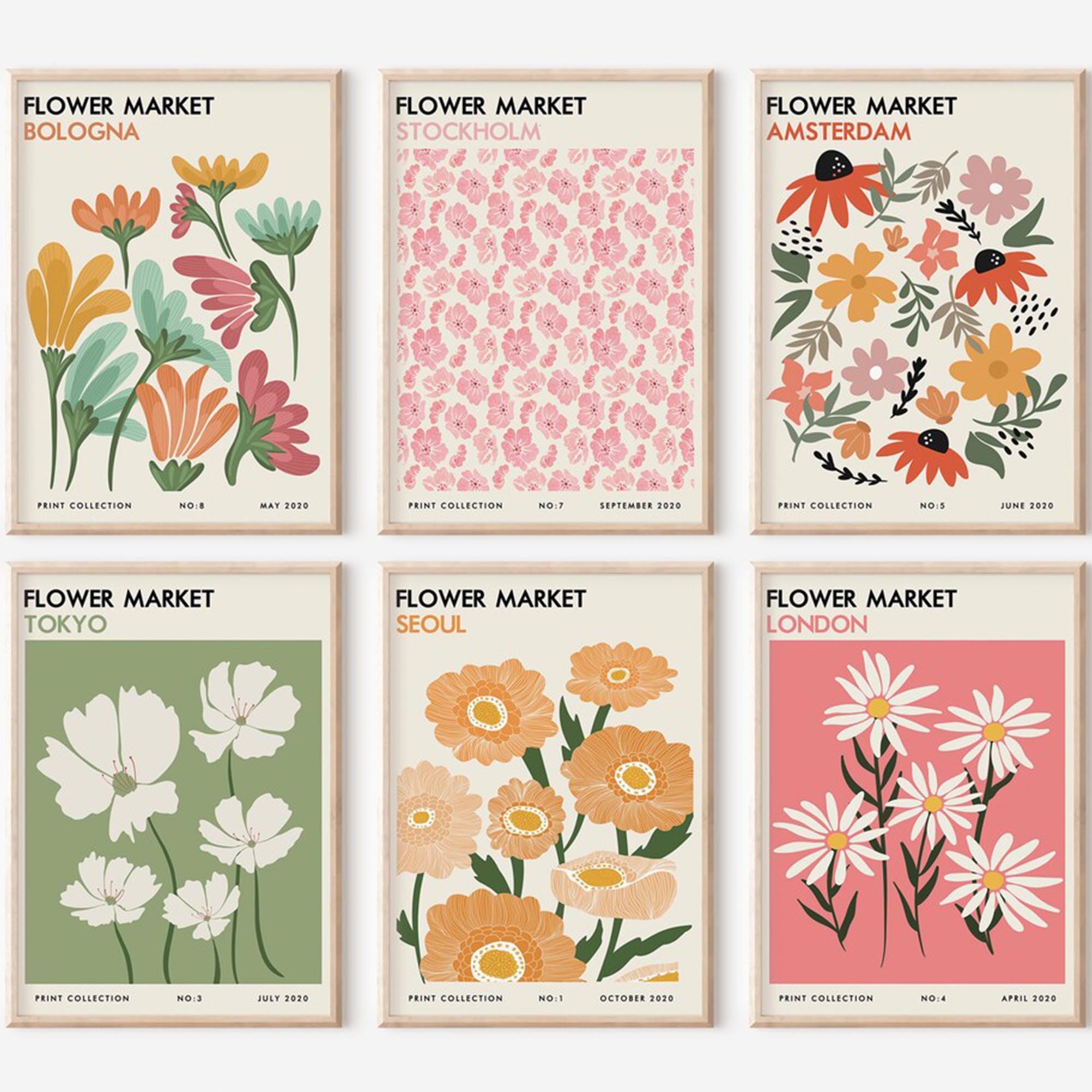 Set of 6 Flower Market Prints, Flower Market Poster, Gallery Wall Set, Botanical Wall Art (8x10-25.4 x 20.3cm)