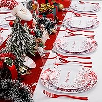 Vista 10 de LIYH 150 Pcs Plastic Christmas Dinnerware Set, Red Plastic Dinner Dessert Disposable Plates, Gold Silverware, Red Christmas Disposable Cups 10 OZ