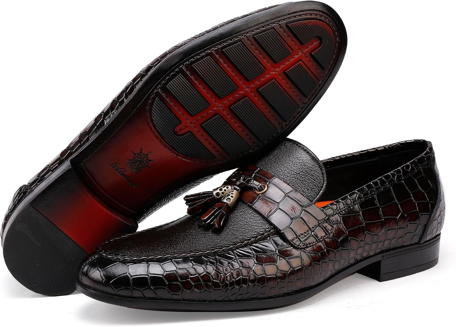 Men's Leather Tassel Loafers - Comfortable and Durable Slip-On Driving Moccasins with Traction, Classic Crocodile Print Penny Loafers for Wedding, Party & Formal Dress