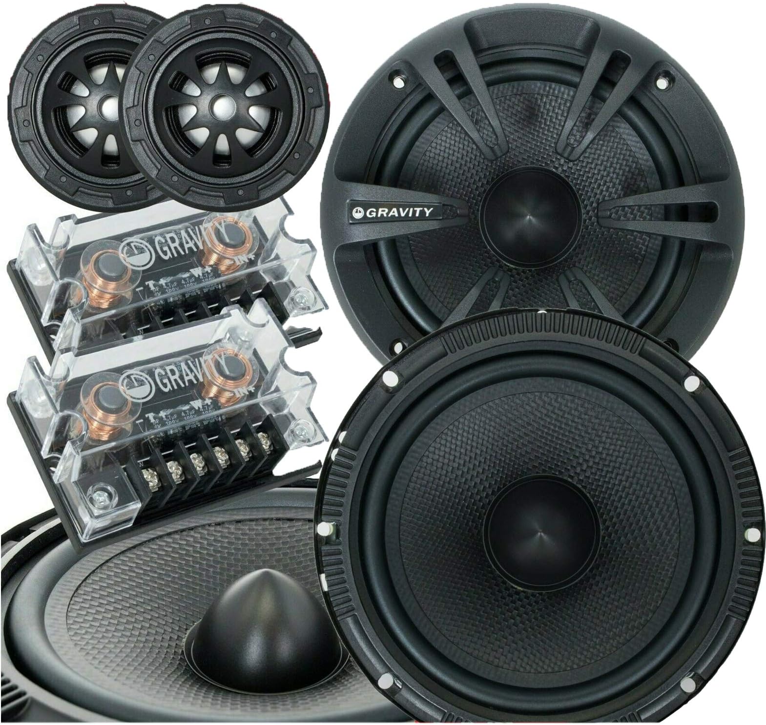 New Gravity 600C 500-watt Peak Power 4 Ohm 6.5-Inch 2-Way Car Audio Component Speakers System 6-1/2 Inches Speaker Set (2 Bass, 2 Tweeter, 2 Crossover)