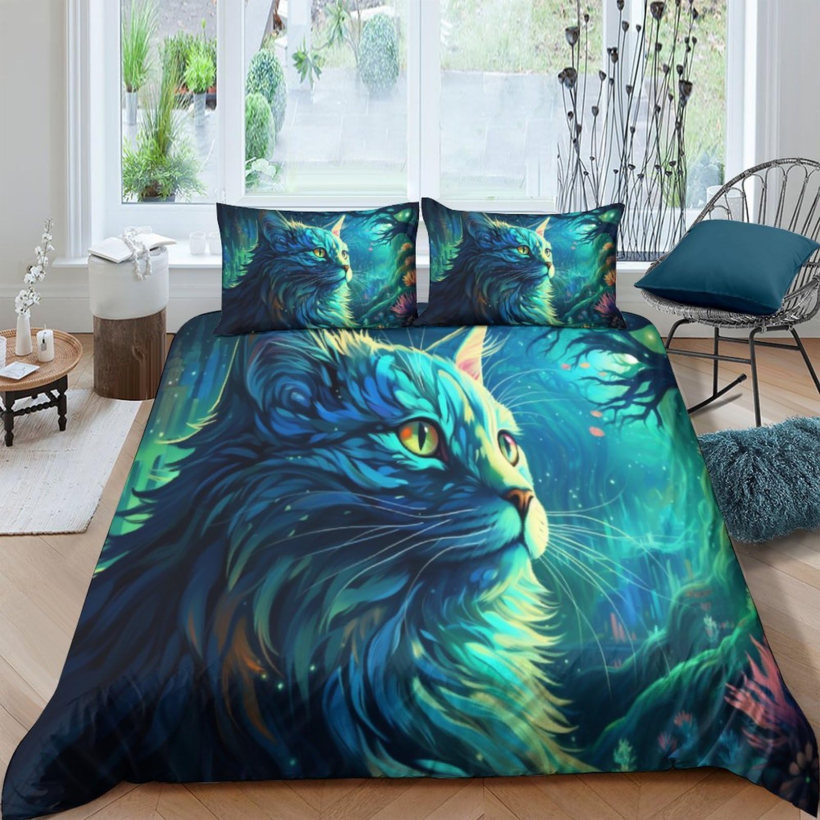 Literie chats verts housse de couette animal domestique 3 pièces impression 3D king 220x240cm