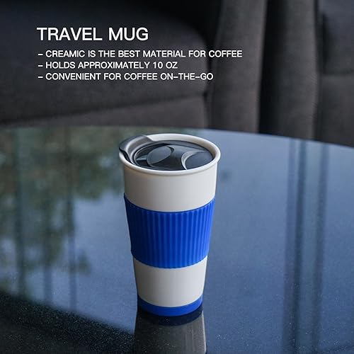 Miniatura 4 de Taza de café de viaje con aislamiento de doble pared de cerámica con tapa deslizante, funda de silicona y posavasos integrados, 10 onzas líquidas