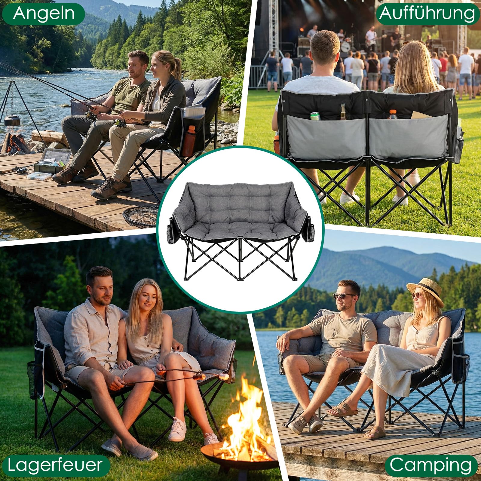 LIFERUN Campingsofa für 2 Personen 320KG, Camping Sofa mit 2 Sitzer, Grau | Doppel Campingstuhl Faltbar, Campingsessel Gepolstert, Rückentasche, Lagerungstasche, Seitentasche, für Outdoor,Angeln,Strand