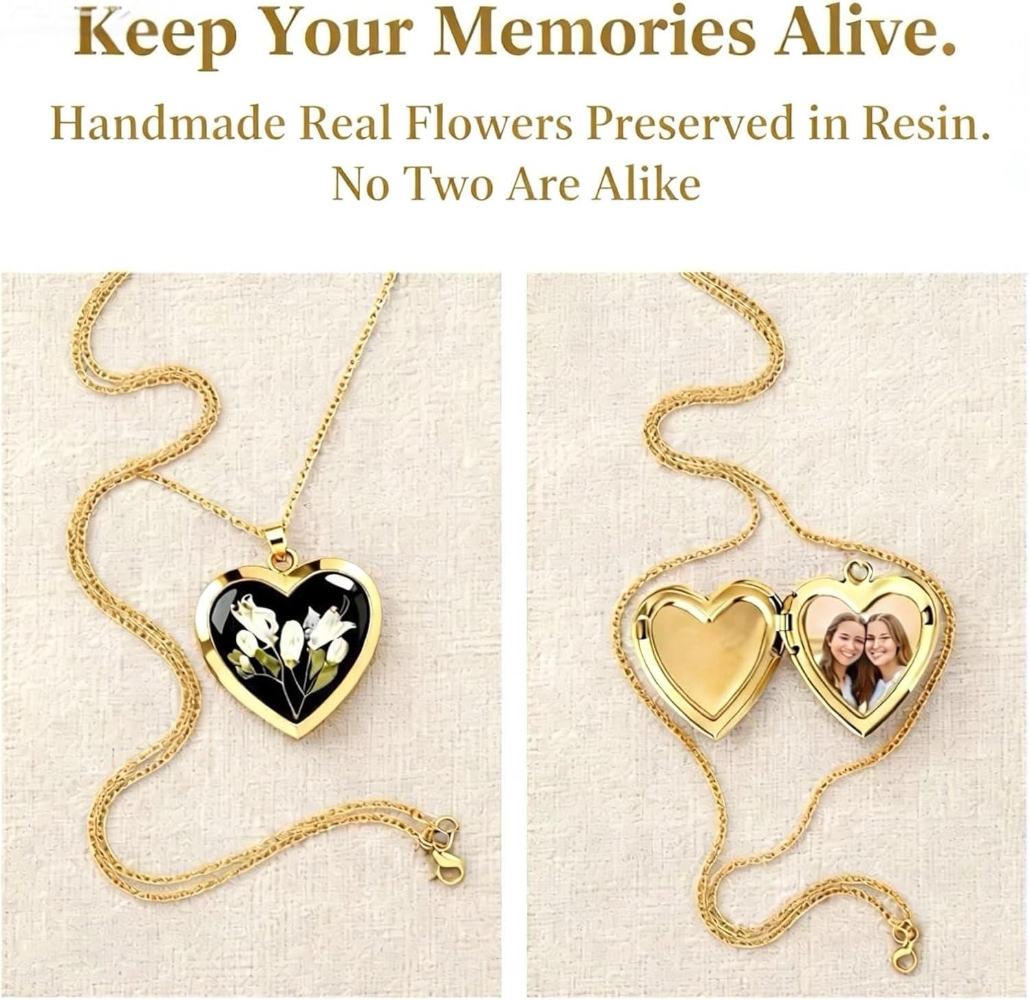 Vintage Heart Locket Necklace, Handmade Pressed Flower Photo Pendant, Boho Jewelry for Women, Floral Gold-Tone Heart Necklace with Photo Holder, Retro Hippie Jewelry,Birthday Gift for Women Girls - Image 3