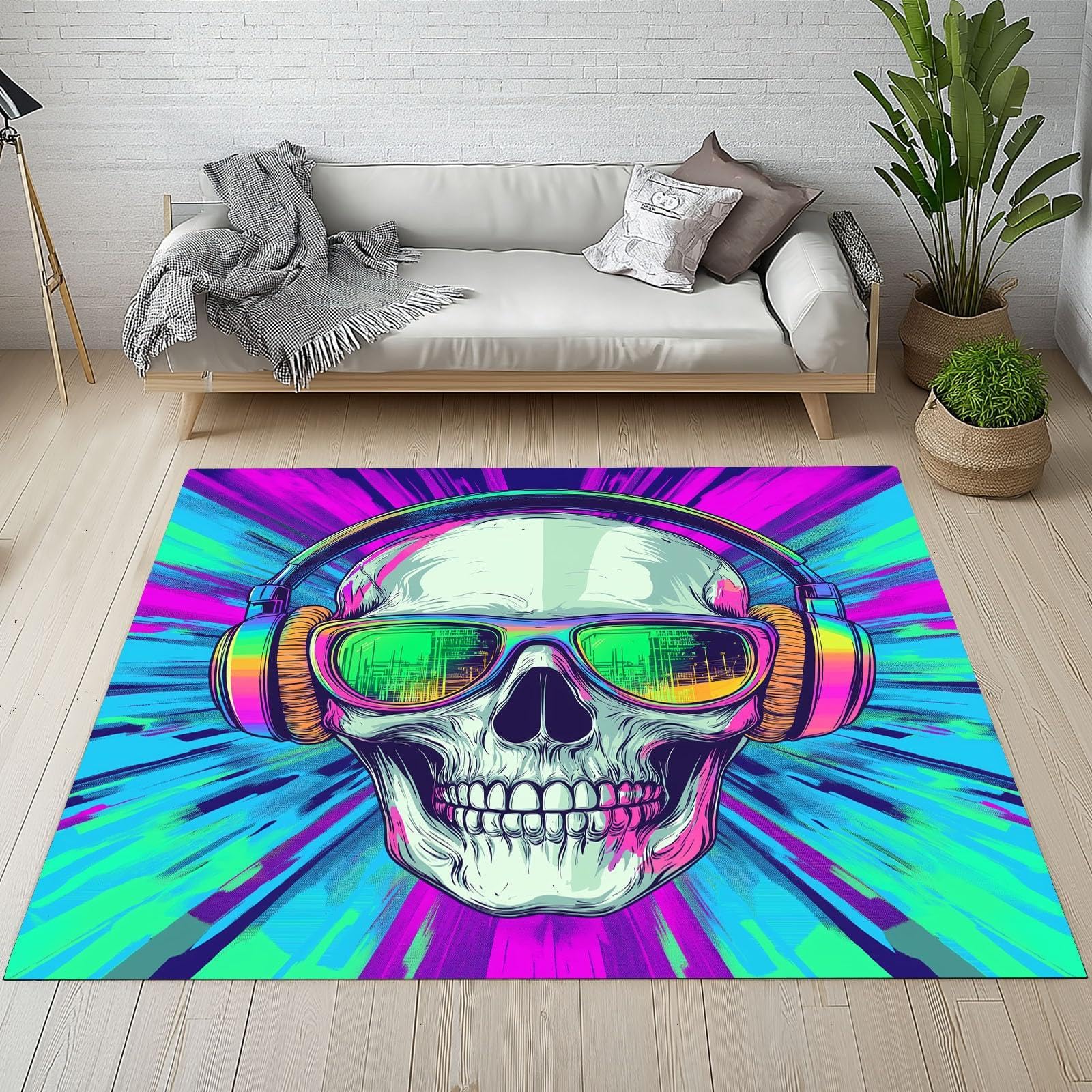 Tapis de salon lavable et antidérapant motif crâne