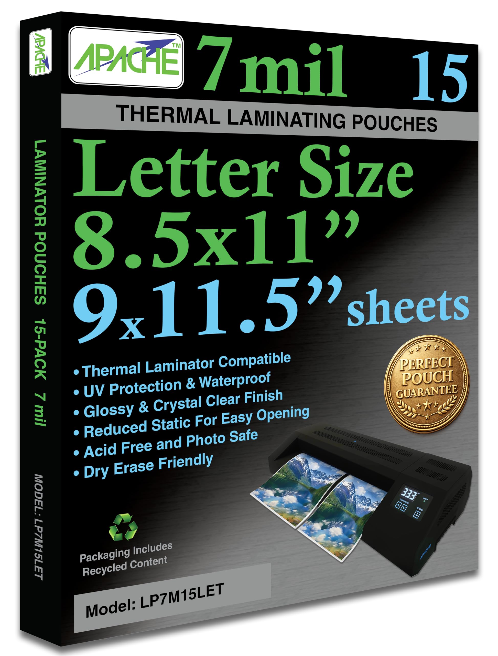Apache Letter Size Laminating Pouches, 7 Mil, 15 Pack, Holds 8.5 x 11 Inch Projects (9 x 11.5 Inch Pouch Size), Thermal Laminator Compatible Laminating Sheets, Super Clear, Round Corners