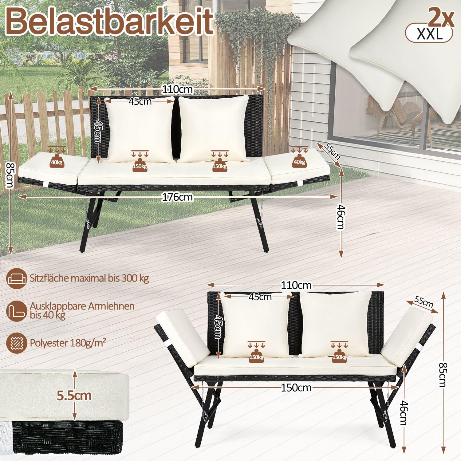 Panchina da giardino in polyrattan 3 in 1 con funzione sdraio, divano da giardino a 2 posti, braccioli pieghevoli (bulloni), mobili da salotto per esterni, con imbottitura spessa e cuscino