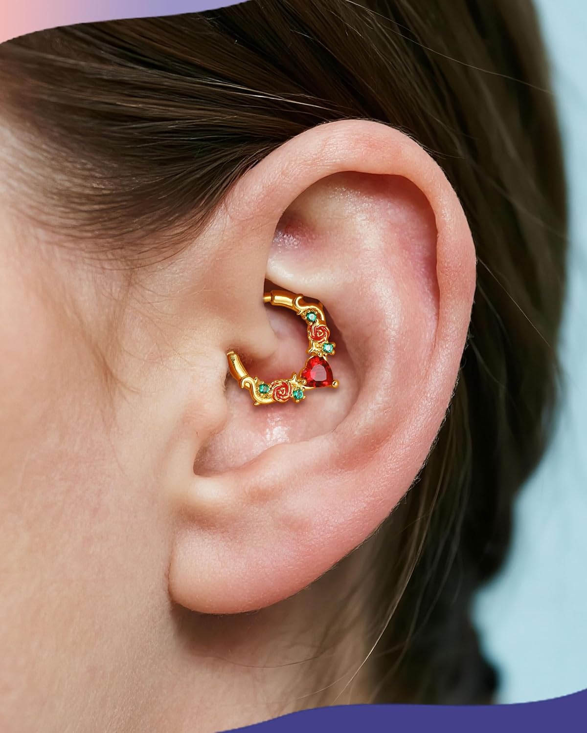 Jewseen Rose Septum Rings 16G Hinged Segment Rings 316L Stainless Steel Daith Earrings Heart CZ Septum Daith Cartilage Piercing Jewelry for Women - Image 2