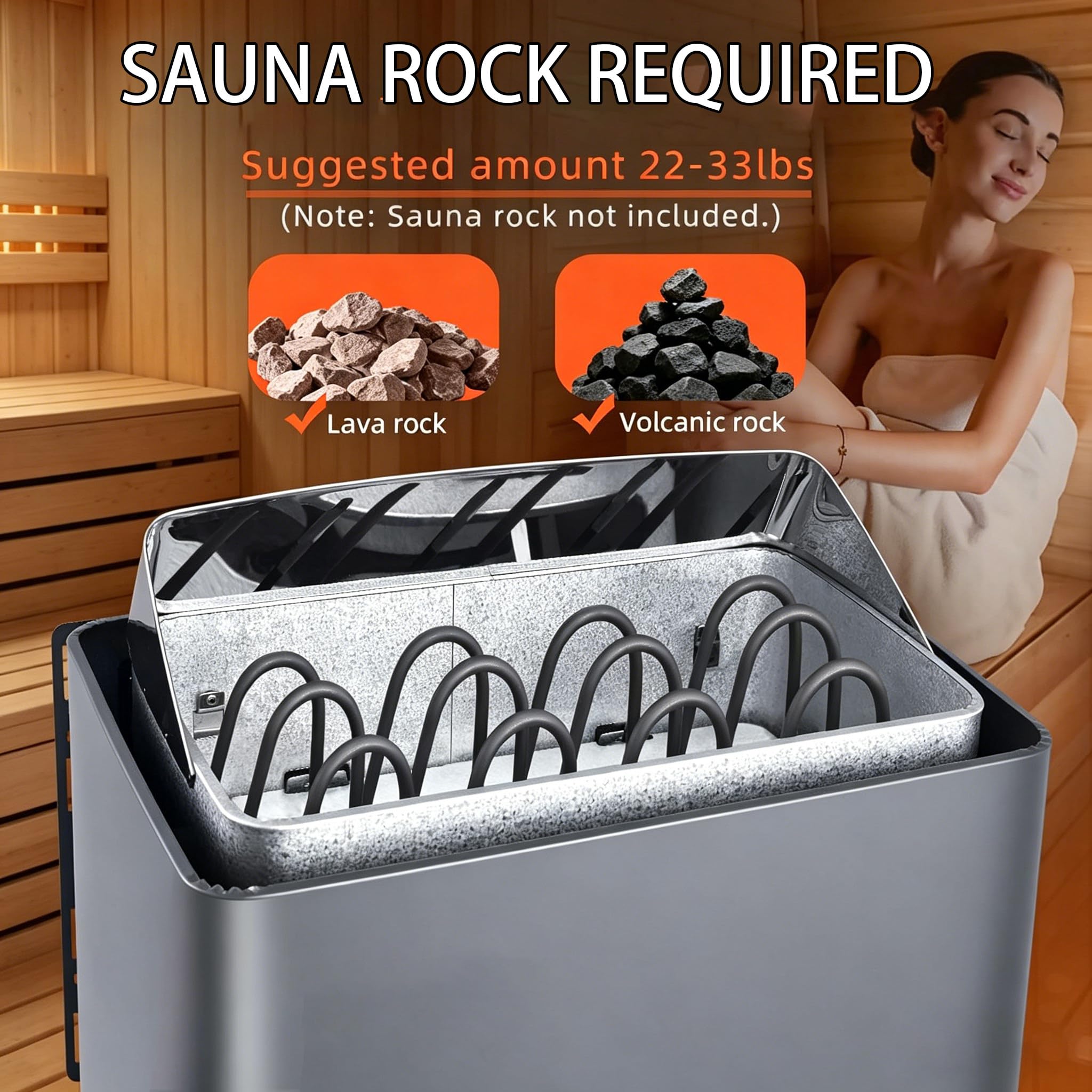 Estufa Sauna Eléctrica Profesional, Montaje en Pared, INOX, 0-80°C Regulable, Temporizador, Soporte Pretaladrado, para Sauna, Gimnasio, Centro de Bienestar, Hotel, Uso Comercial 3.0KW