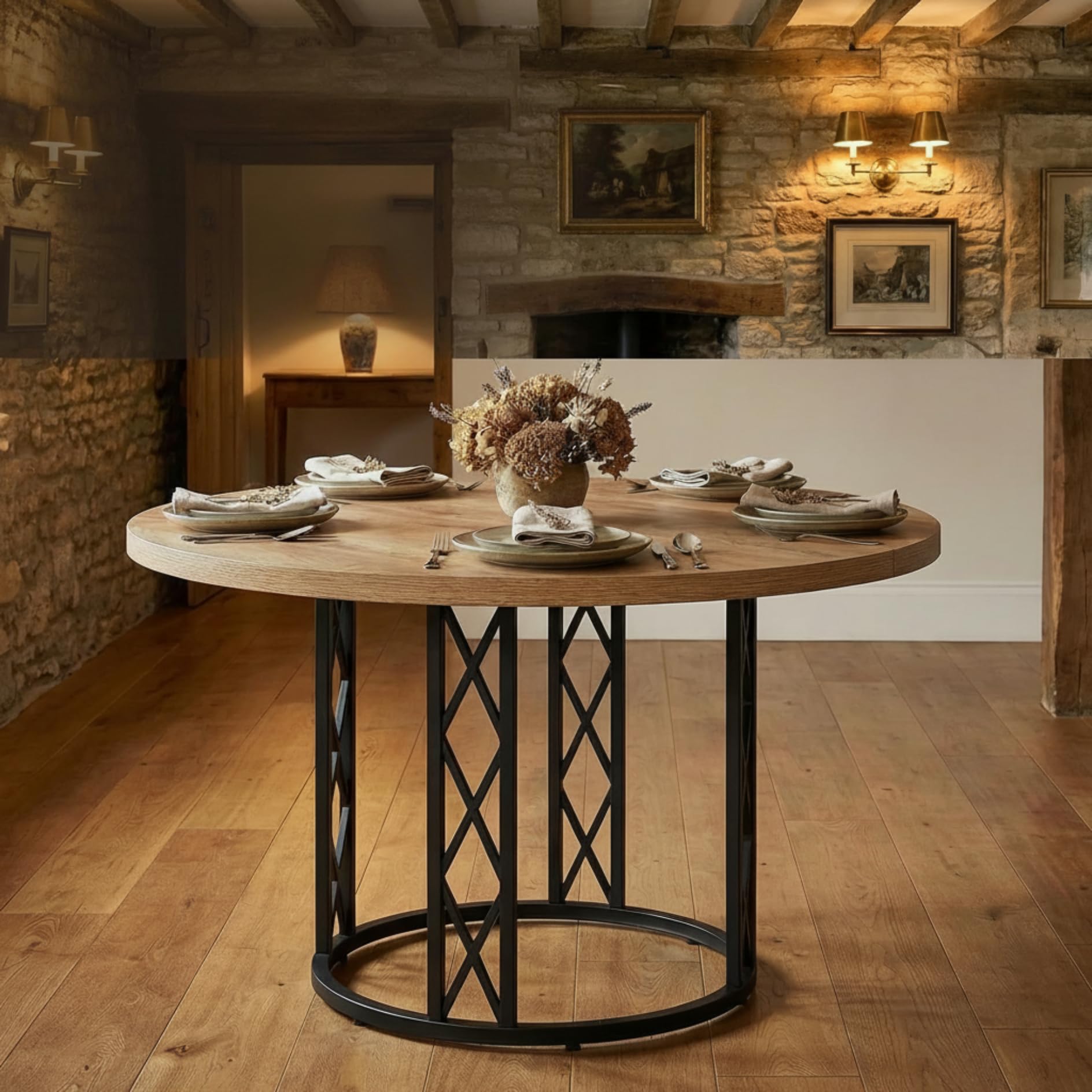 Tribesigns Round Dining Table for 4-6 People, 120 cm Kitchen Table, Farmhouse Round Table with Sturdy Base, for Home Dining Room Living Room, Rustic Brown