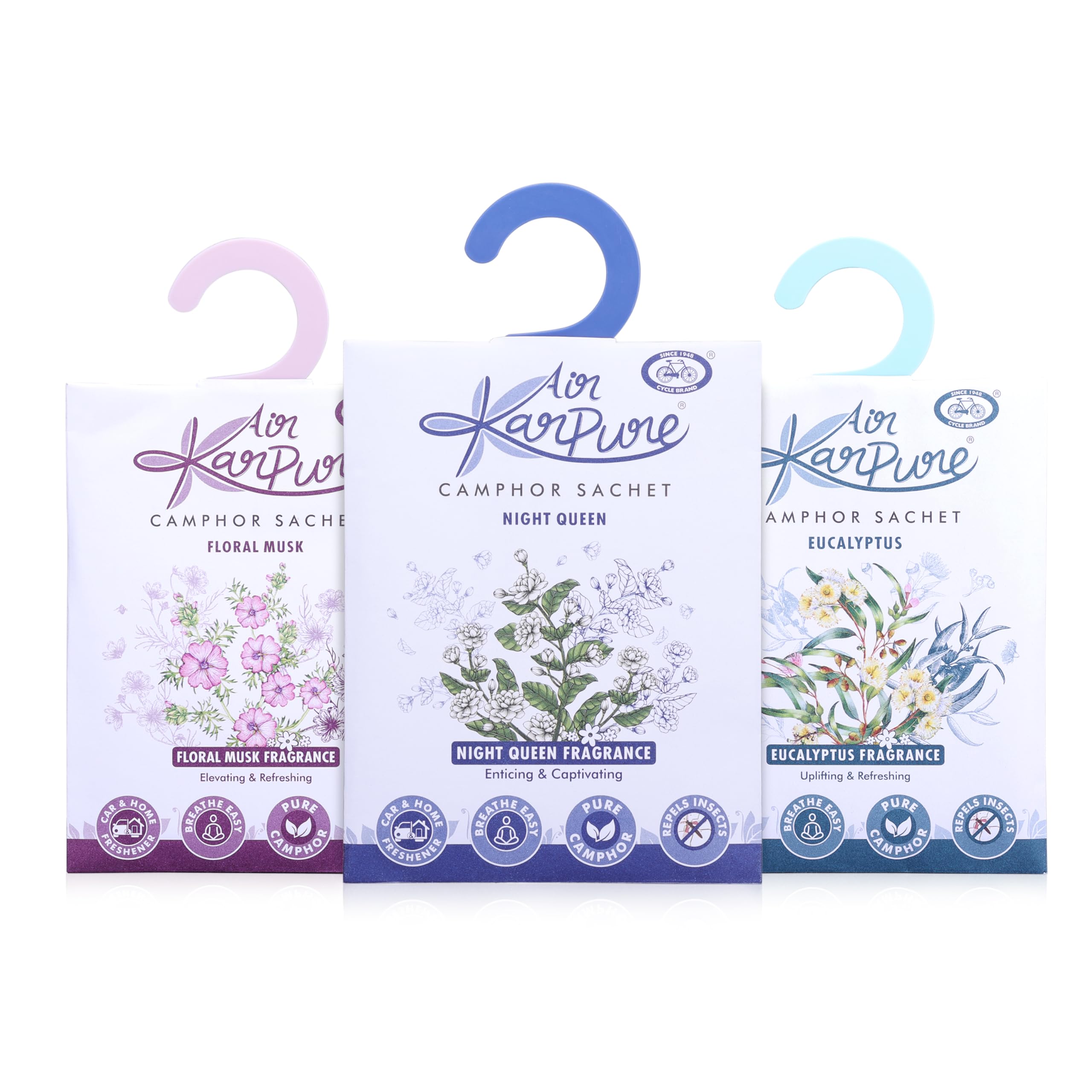 Cycle Pure Karpure Camphor Sachet - Pack of 3 | Air Freshener for Wardrobe, Home, Office, Bathroom, Car | Floral Musk, Eucalyptus, Night Queen| Each Lasts up to 30 Days (B0D83F2B22) Amazon Price History, Amazon Price Tracker