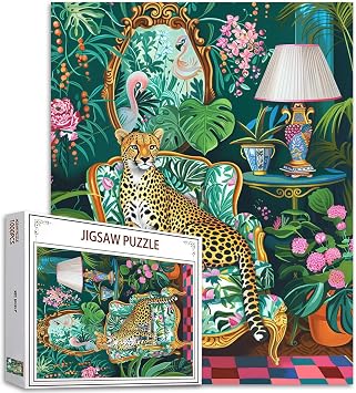 Jungle Animal Cheetah on Sofa Jigsaw Puzzles for Adults 1000 Pieces,Woodland Leopard Botanical Jigsaw Puzzle Art 20x27 in Colorful DIY Puzzle for Home Decoration,Family Puzzle Perfect for Game Nights