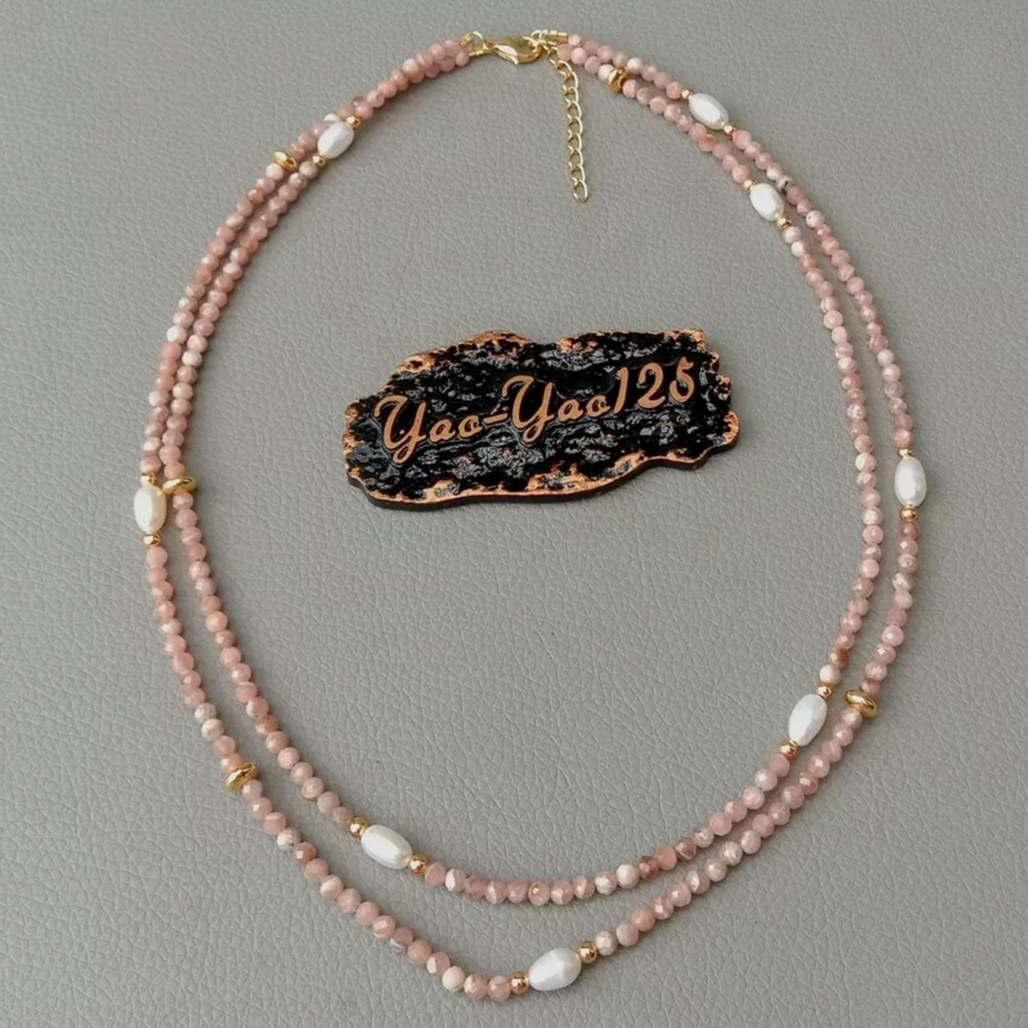 Collana di Perle di Riso Bianco coltivate con rodocrosite Rosa sfaccettata Naturale