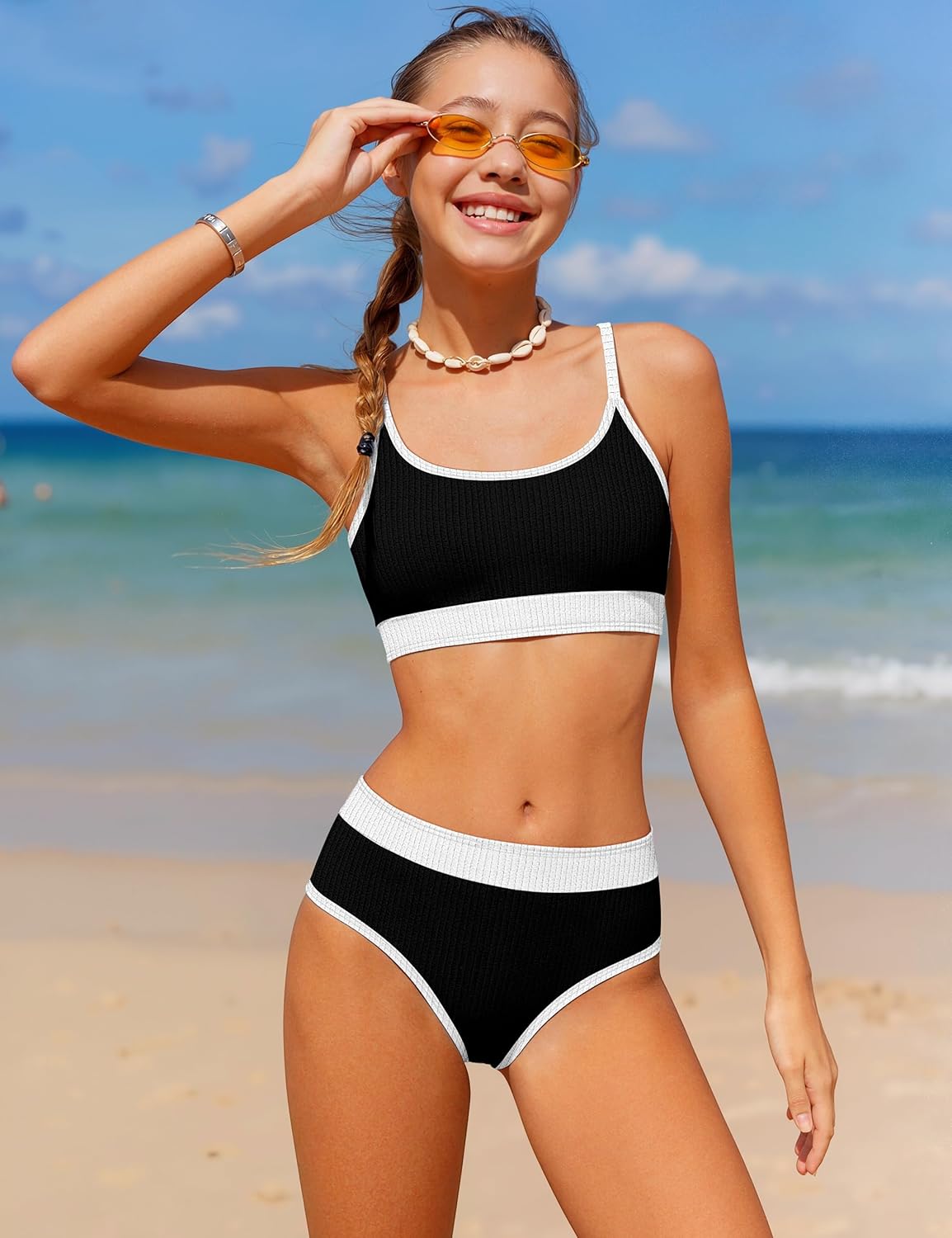 NECIOUS Girls Swimsuits Color Block Two Piece Bathing Suit Adjustable Straps Teen Bikini Sets with Chest Pad 9-16Y - Image 2