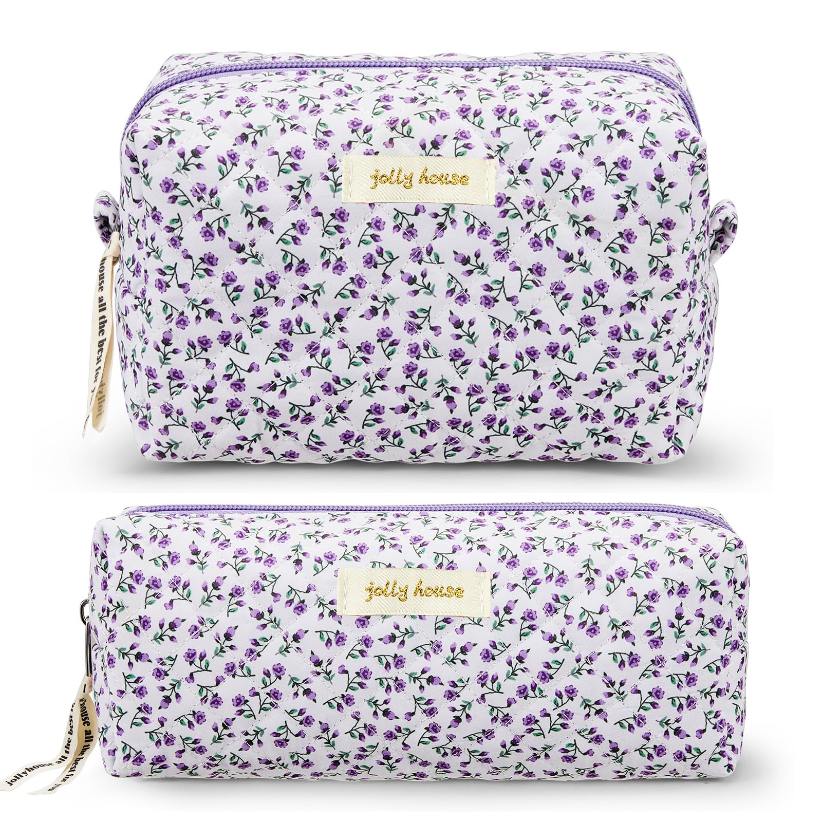 Zeyune 2 Pcs Quilted Makeup Bag Cotton Floral Aesthetic Makeup Pouch Gifts Travel Cosmetic Bag Flower Cute Brush Case Toiletry Pouch for Women Cosmetics Storage, Purple, Vivid Style