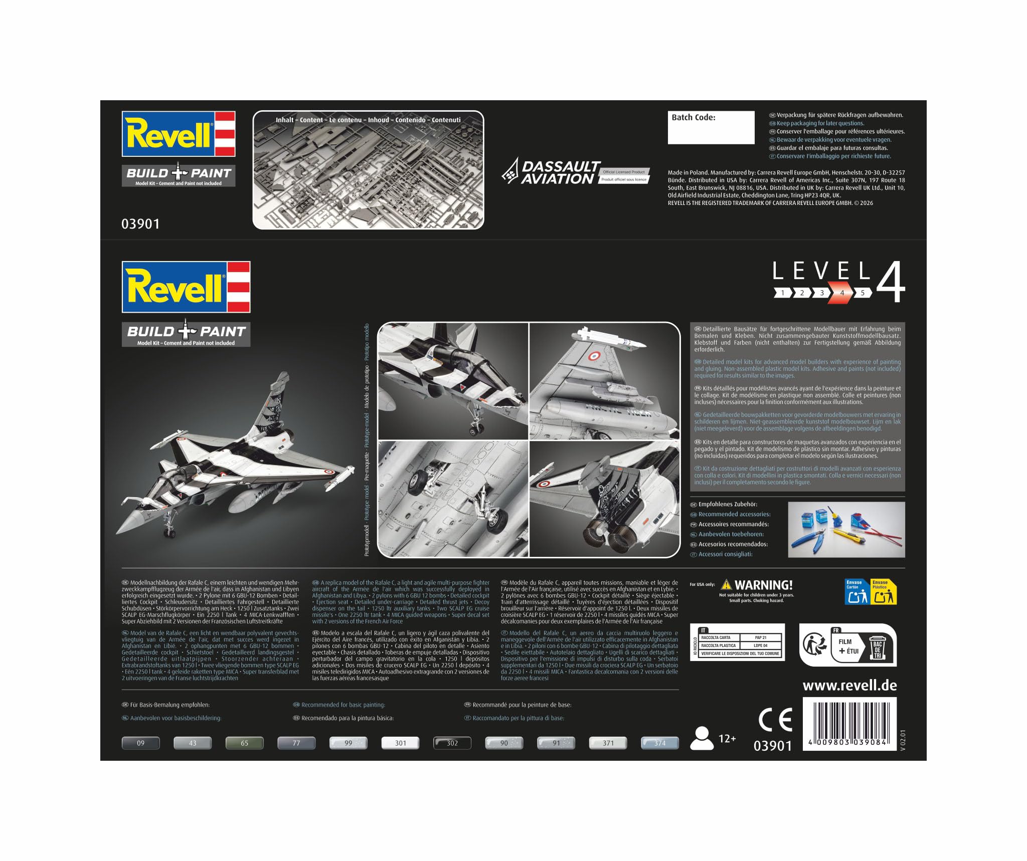 Revell RV03901 - Modellino Dassault Aviation Rafale C, aereo in scala 1:48, livello 4, riproduzione fedele all'originale con molti dettagli, 3901
