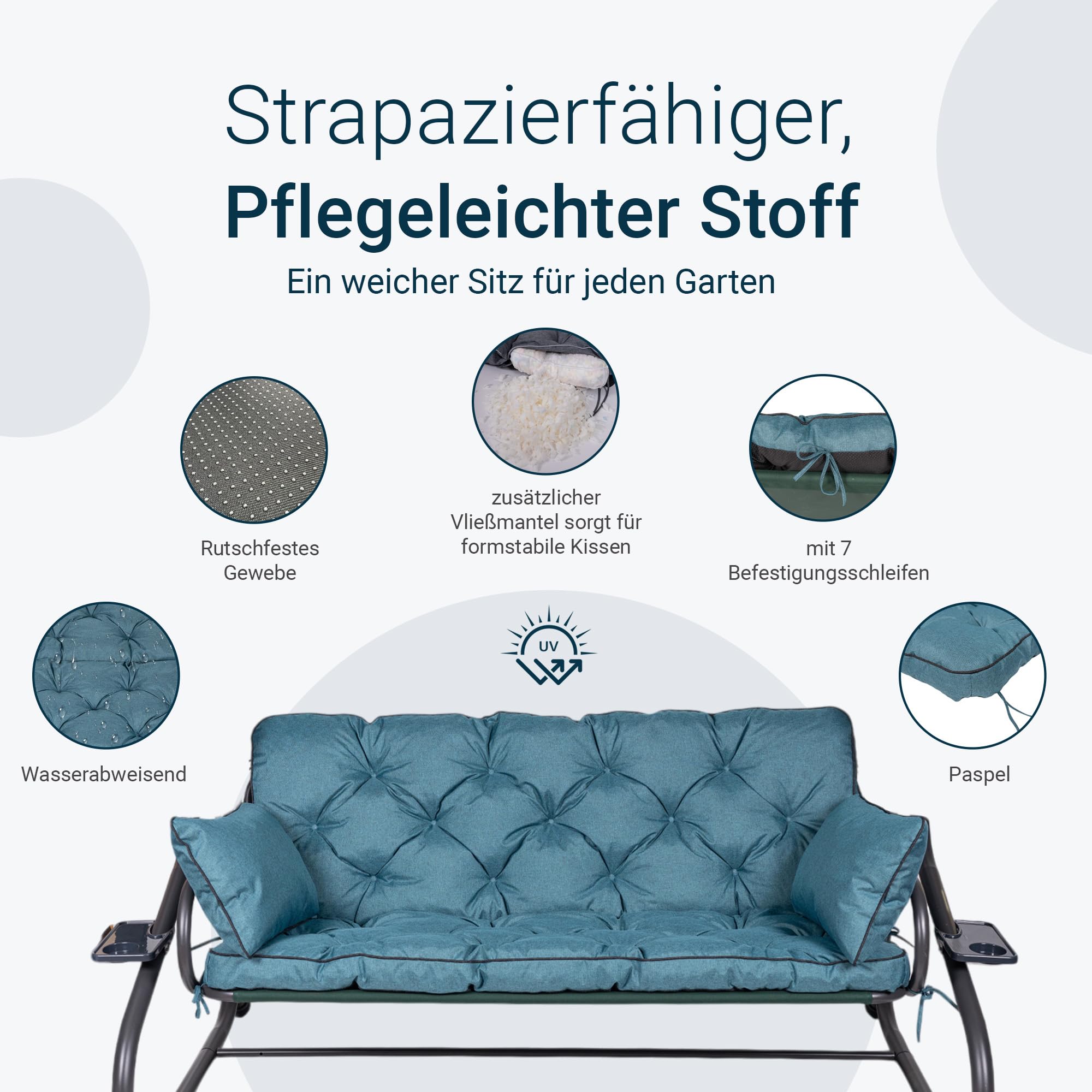 TexDeko® Bankauflage mit Rückenlehne für Hollywoodschaukel 170 x 50 x 56cm Gartenschaukelkissen gemütliche Sitzauflage Gartenbankauflage Polsterauflage wasserabweisend UV-beständig (Türkis)