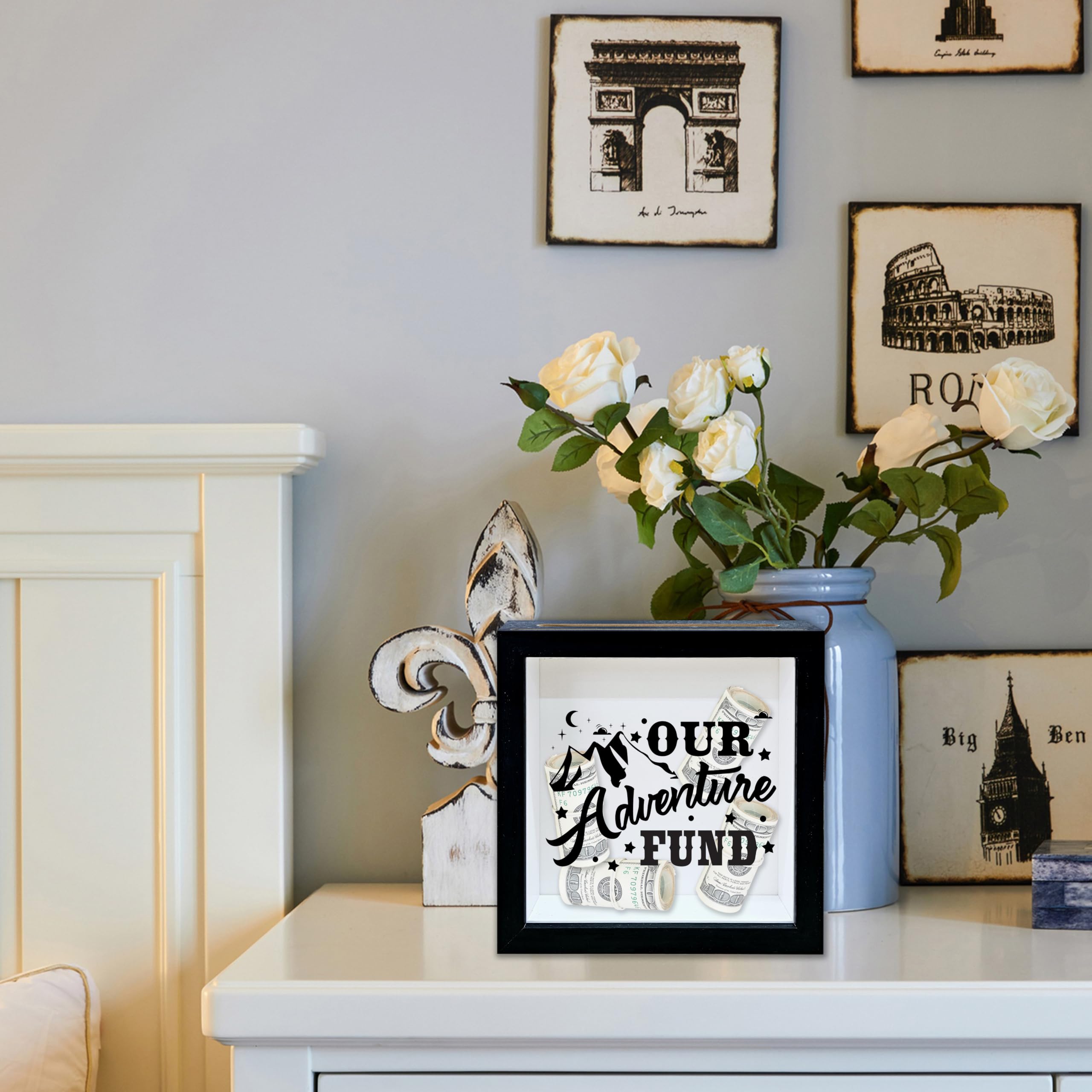 Adventure Fund Black Shadow Box Rahmen, Flitterwochen Fund Box mit Schlitz, Berg Themed Reise Memory Box, Abenteuer Archivbox Geschenke, Dekorative Holz Geld Sparen, Hochzeitsgeschenke für Brautpaare
